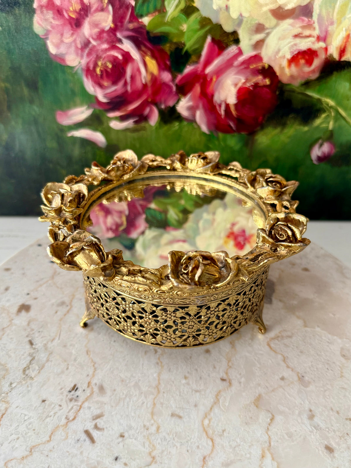 1960s Hollywood Regency Vintage 24K Gold-plated Ormolu Filigree with Mirrored Glass and Rose Motifs Trinket Box or Powder Jar