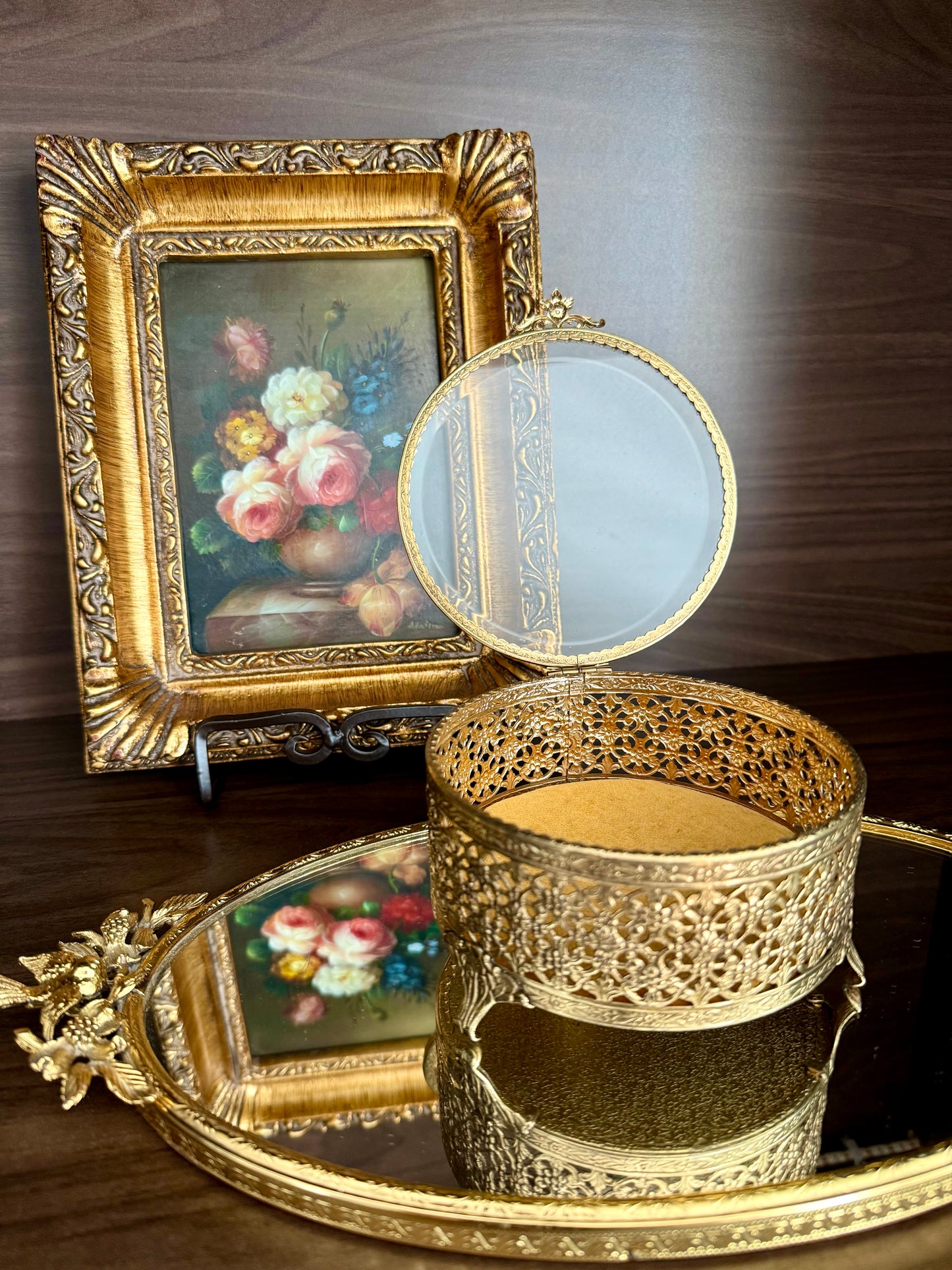 Hollywood Regency Style Vintage Round Gold Filigree Ormolu Glass Top Jewelry/ Trinket Box Footed