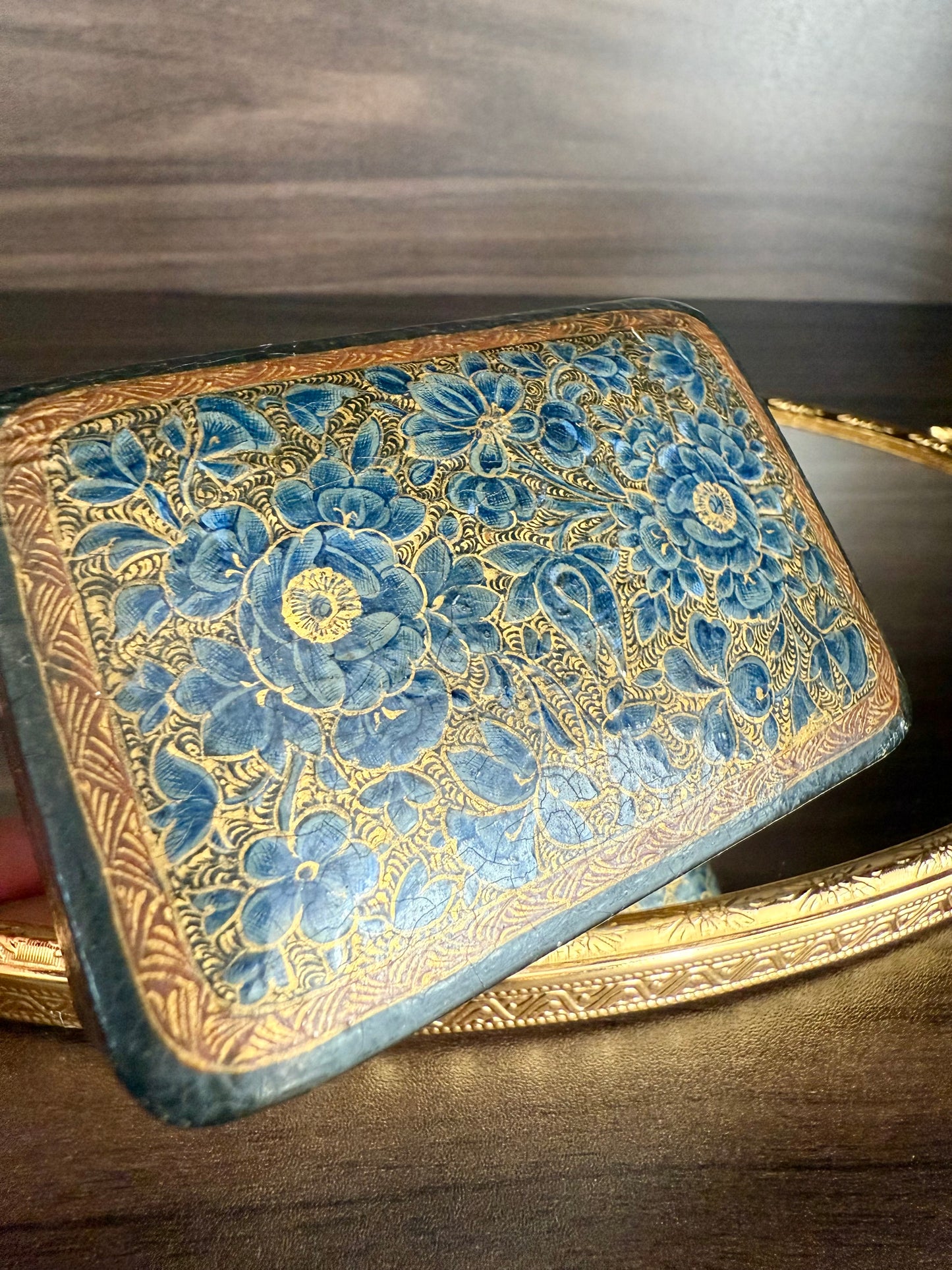 Beautiful Vintage Blue and Gold Hand-Painted Wooden Kashmir Papier-Maché Ring Holder or Jewelry Box