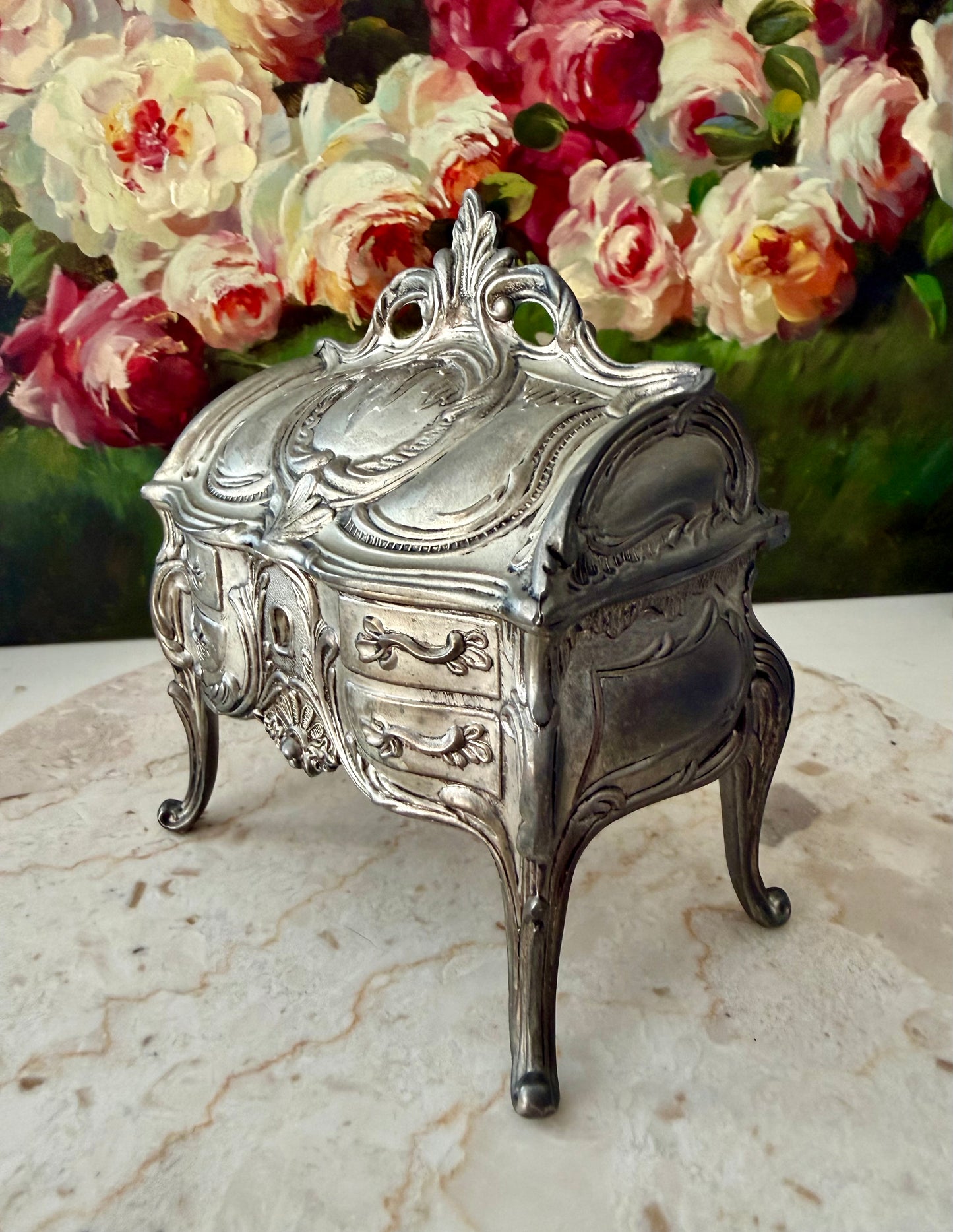 Antique Art Nouveau French Style Silver Plated Jewelry Casket Velvet Lined Romantic Trinket Box