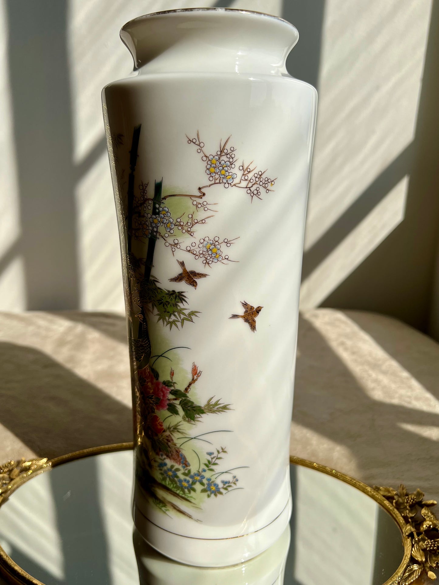 Gold Trim Vintage Peacock Tall Porcelain Japanese Vase