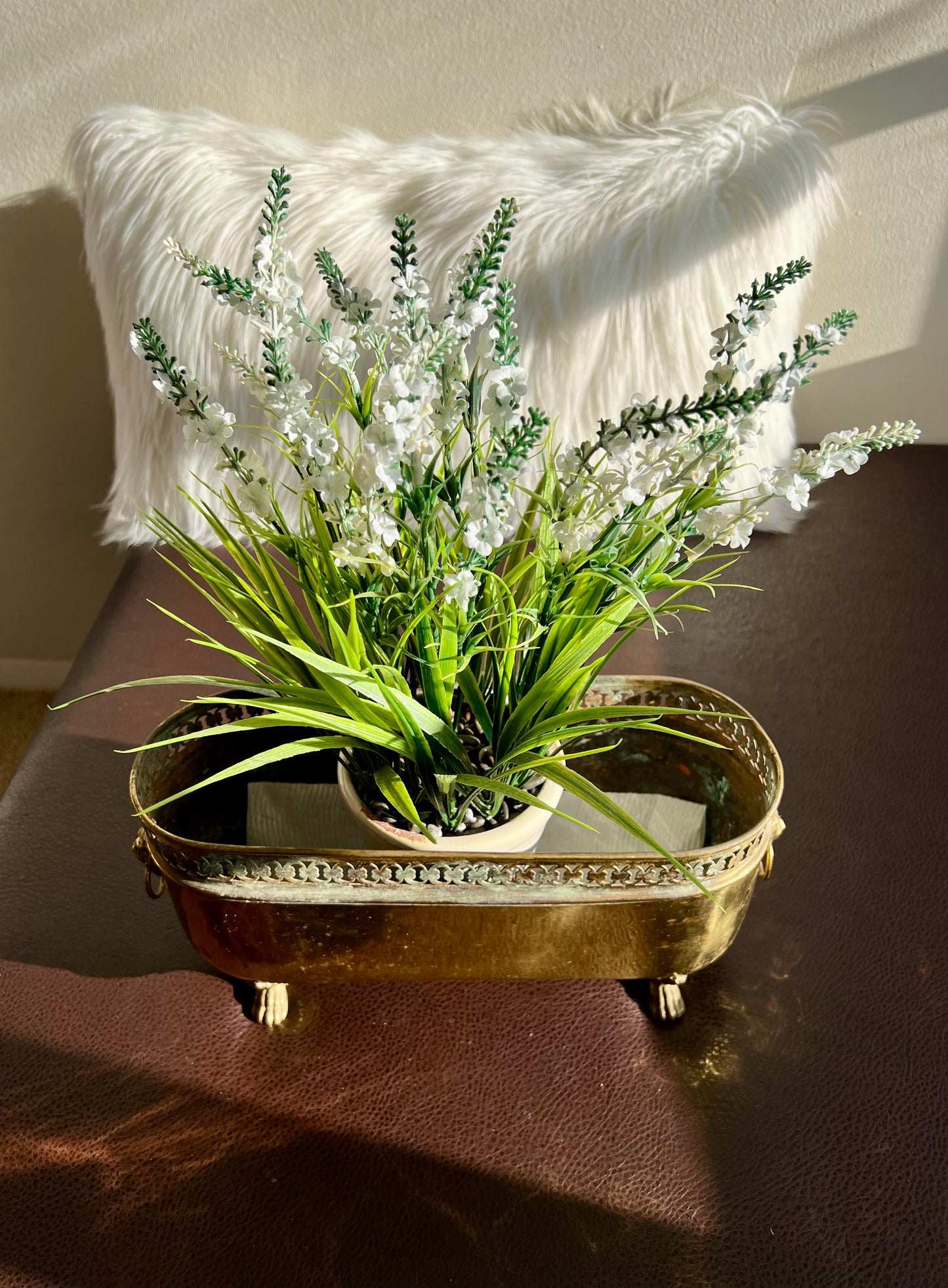 Antique/ Vintage Brass Planter Jardinière Ornate with Four Lion Paws Footed and Two Lion Heads with Rings