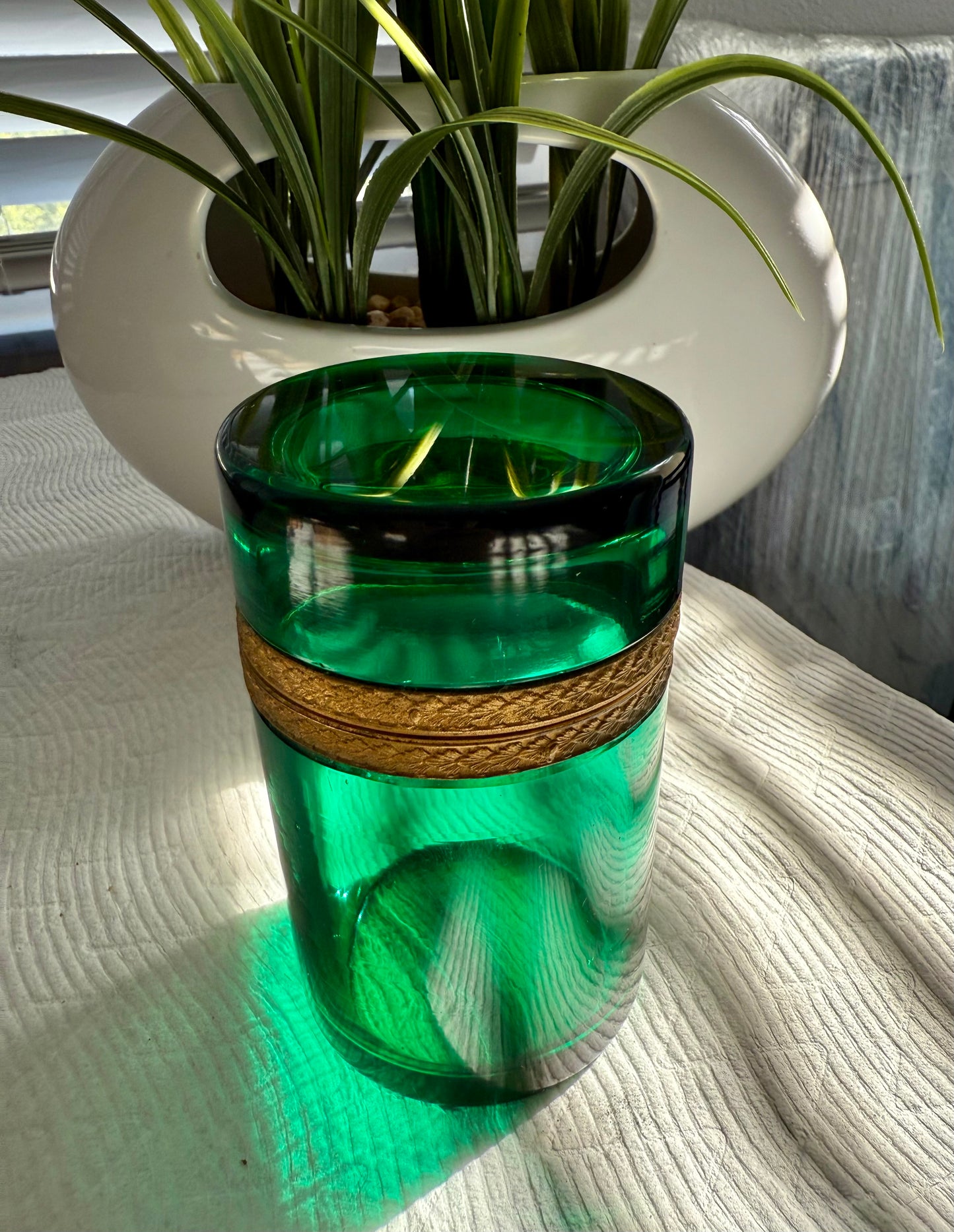 Antique Emerald Green Italian Murano Glass Cylindrical Jewelry or Trinket Box with Bronze Dore Gold Brass Mounts