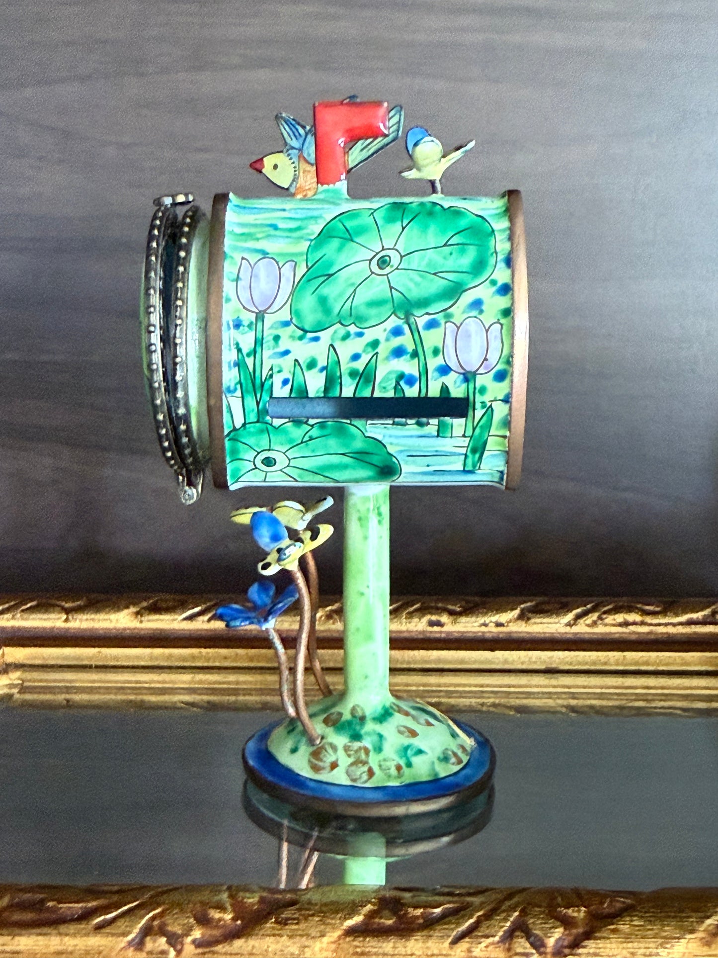 Vintage Hand-Painted Enamel on Copper Miniature Kelvin Chen Mailbox, Trinket Box and Stamps Holder - Numbered