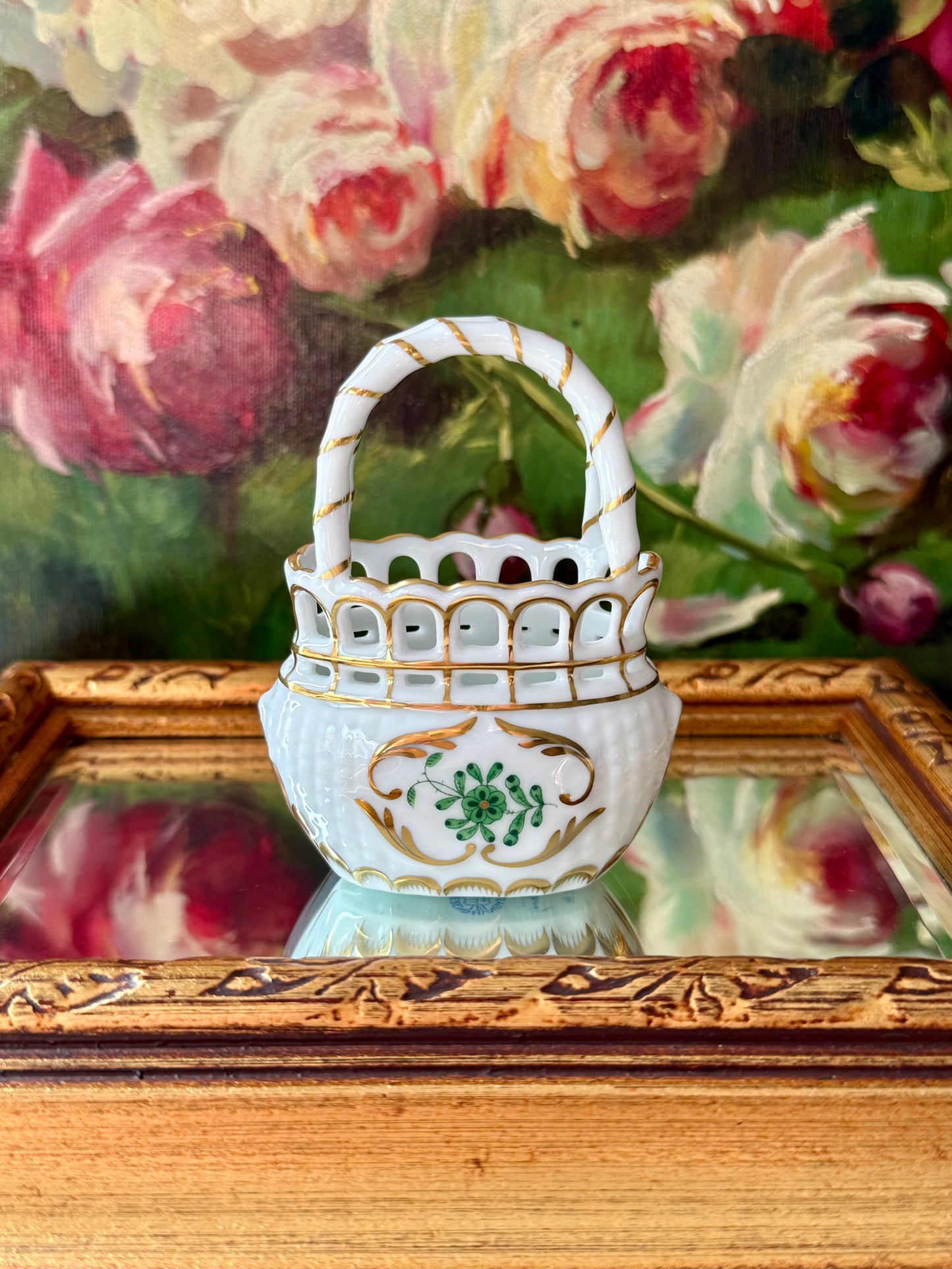 Herend Hungarian Vintage Mini Porcelain Basket with Handle - Made in Hungary