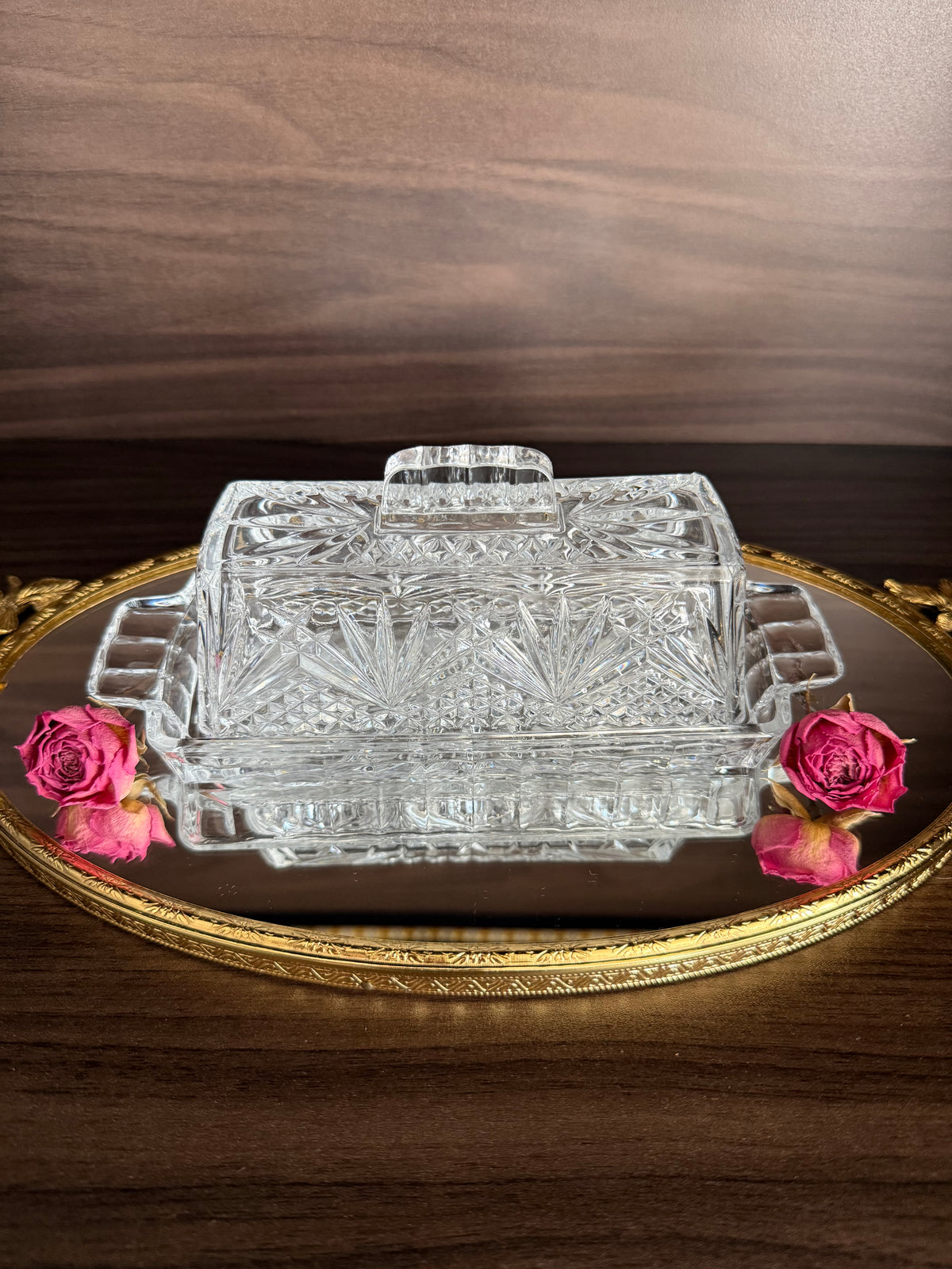 Vintage Cut Crystal Glass Butter Dish with a "Cherrywood Clear" Style Pattern