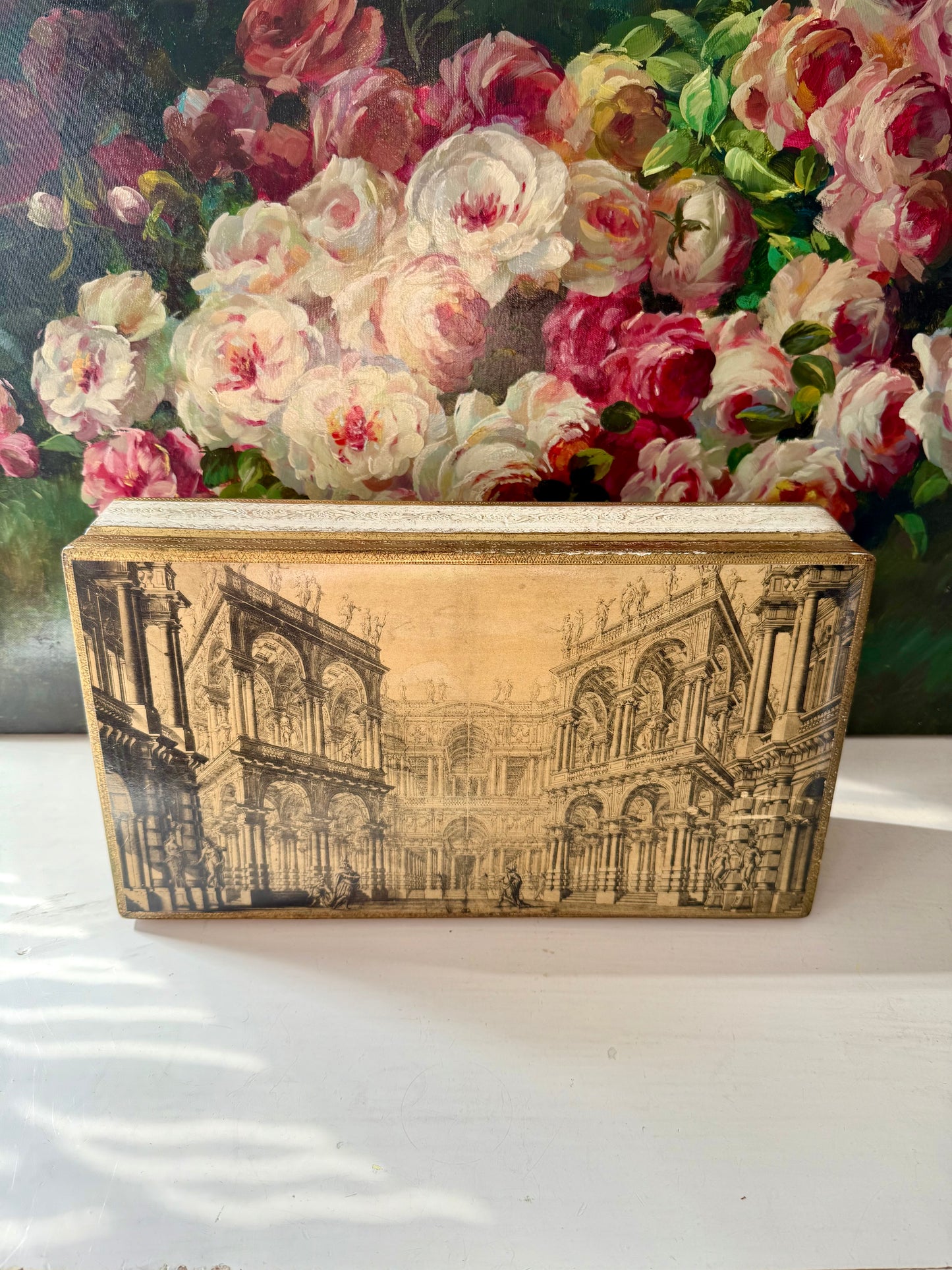 Fratelli Alinari Architectural Gold gilded Large Vintage Wooden Florentine Jewelry Box, Made in Italy