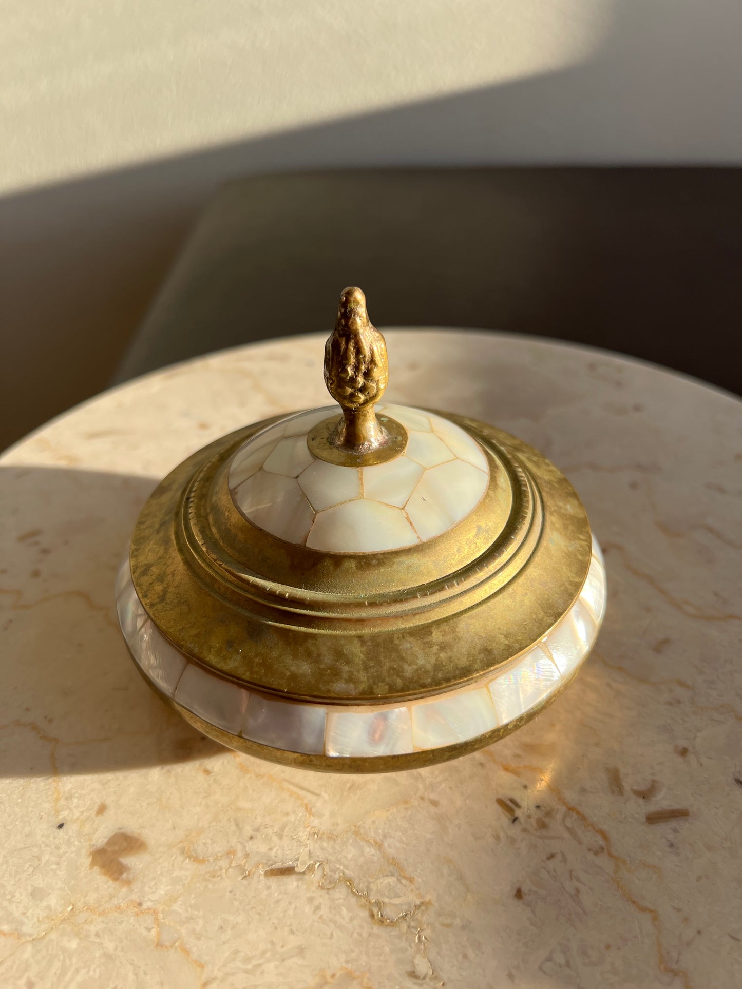 Brass Jewelry Box and Real Shell Vintage Trinket Box with Elegant Pearl Decoration and Lid