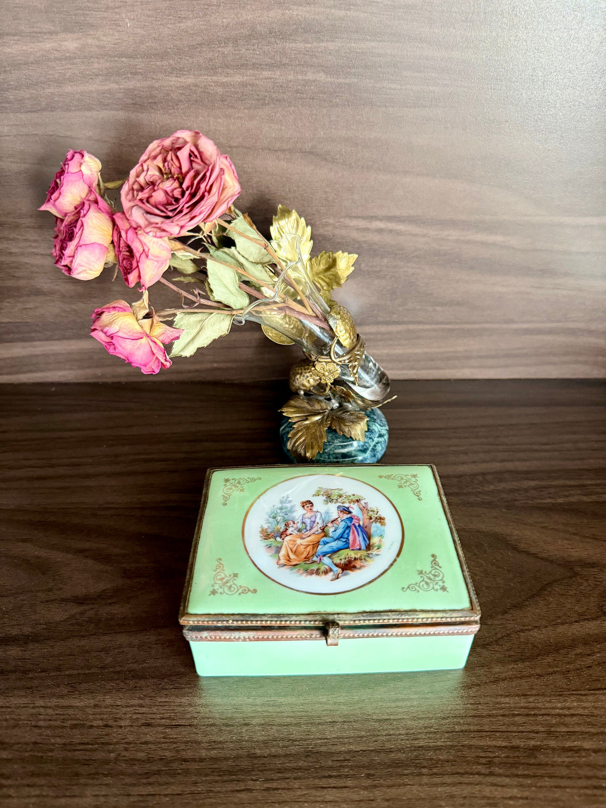 Antique European French Style Green Porcelain Jewelry or Trinket Hinged Box