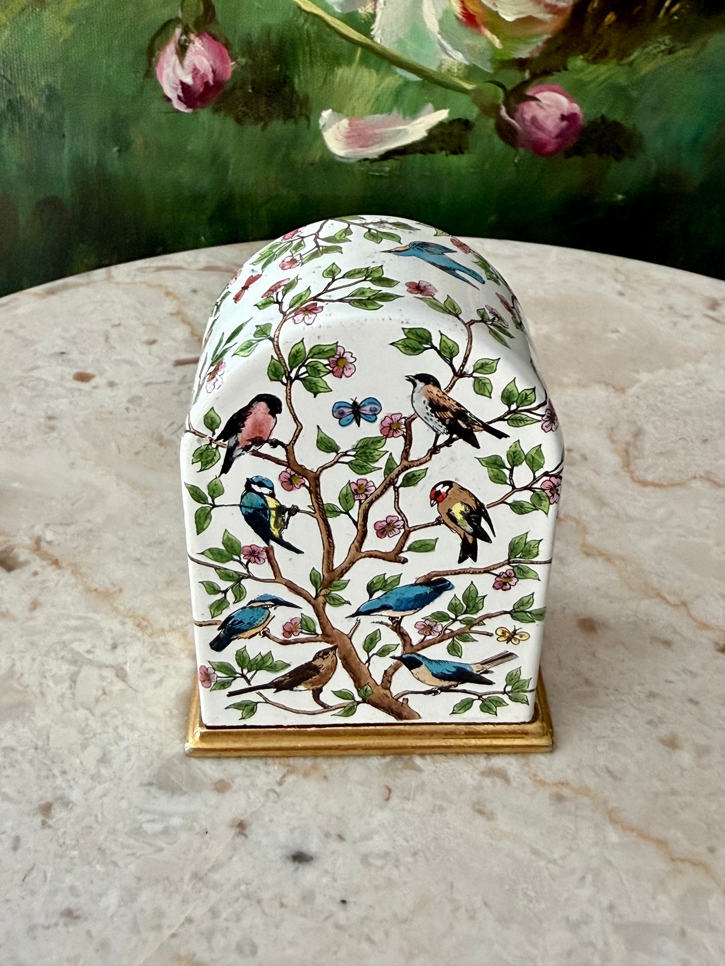Halcyon Days Vintage Enamel Table Clock with Hand-painted Birds and Flowers Design