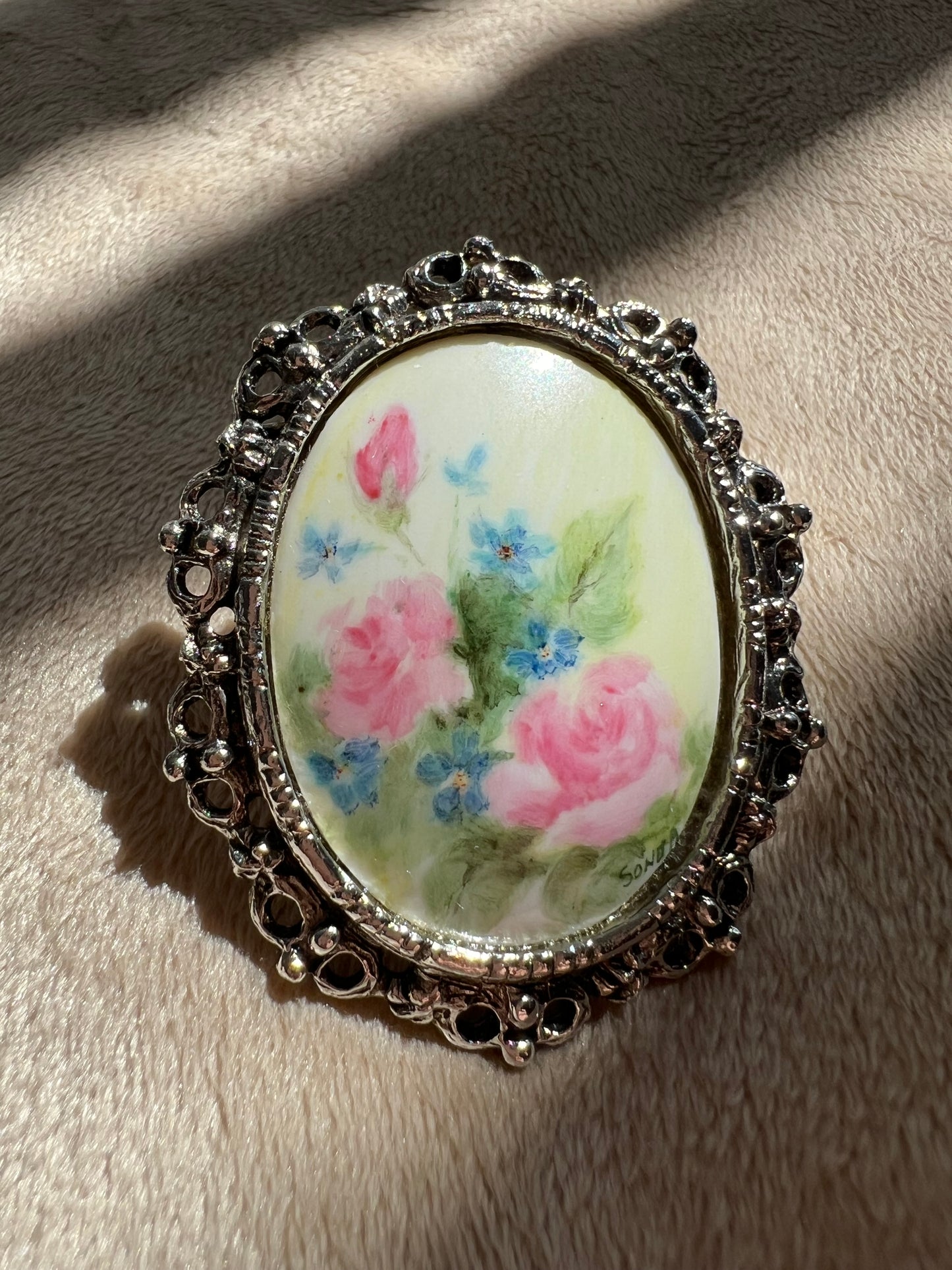 Hand Painted Porcelain Vintage Pink Roses Silver Brooch