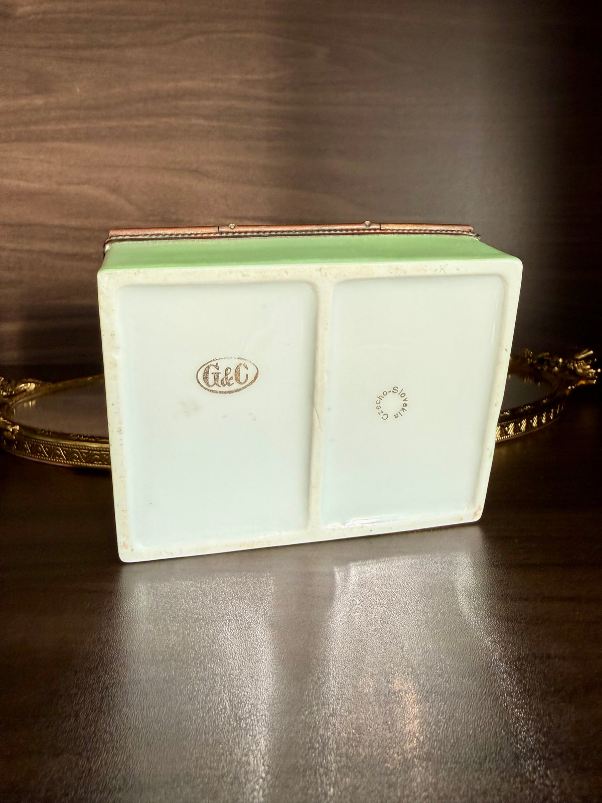 Antique European French Style Green Porcelain Jewelry or Trinket Hinged Box