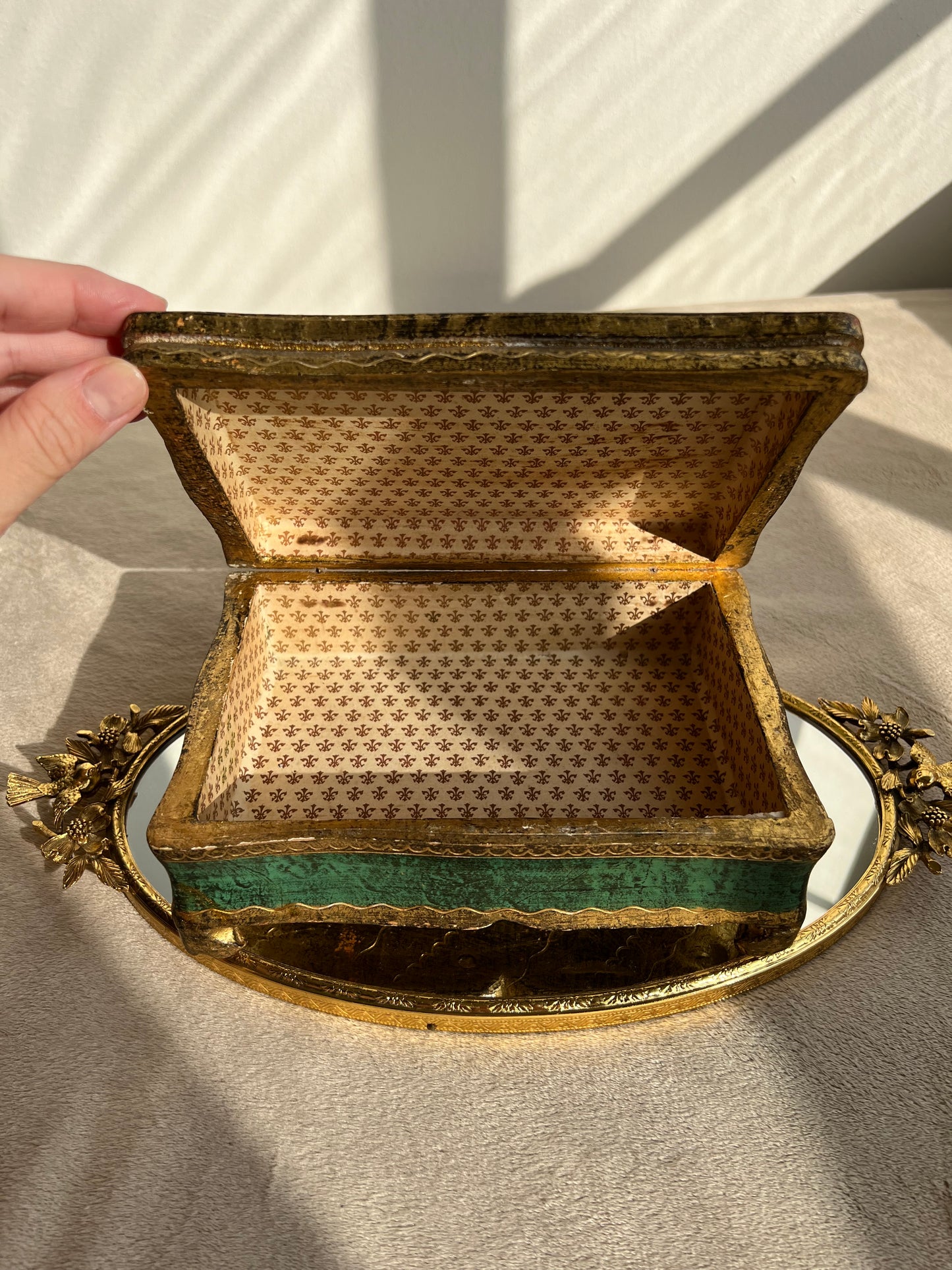 Italian Large Footed Florentine Box, Scalloped Edges, Gilt and Wood