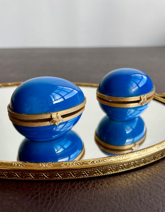 Limoges Navy Blue French Vintage Jewelry or Trinket Box Porcelain Eggs (2 pc)