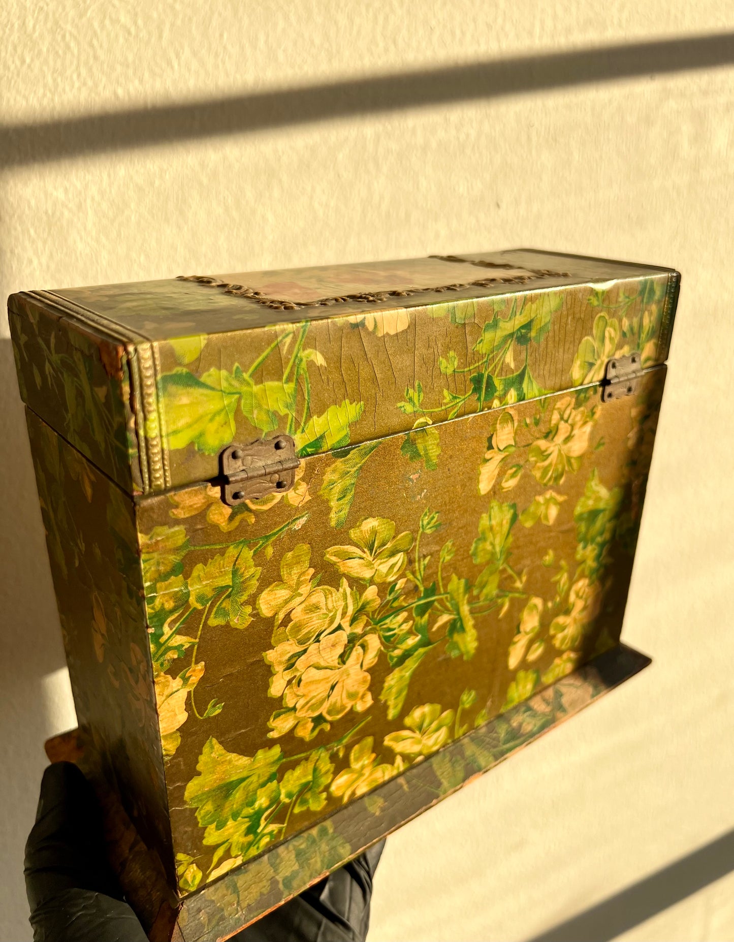 Antique Wooden Decorative Wallpaper Covered Recipe or Trinket Box with Floral Motif and Gilded Painting Design