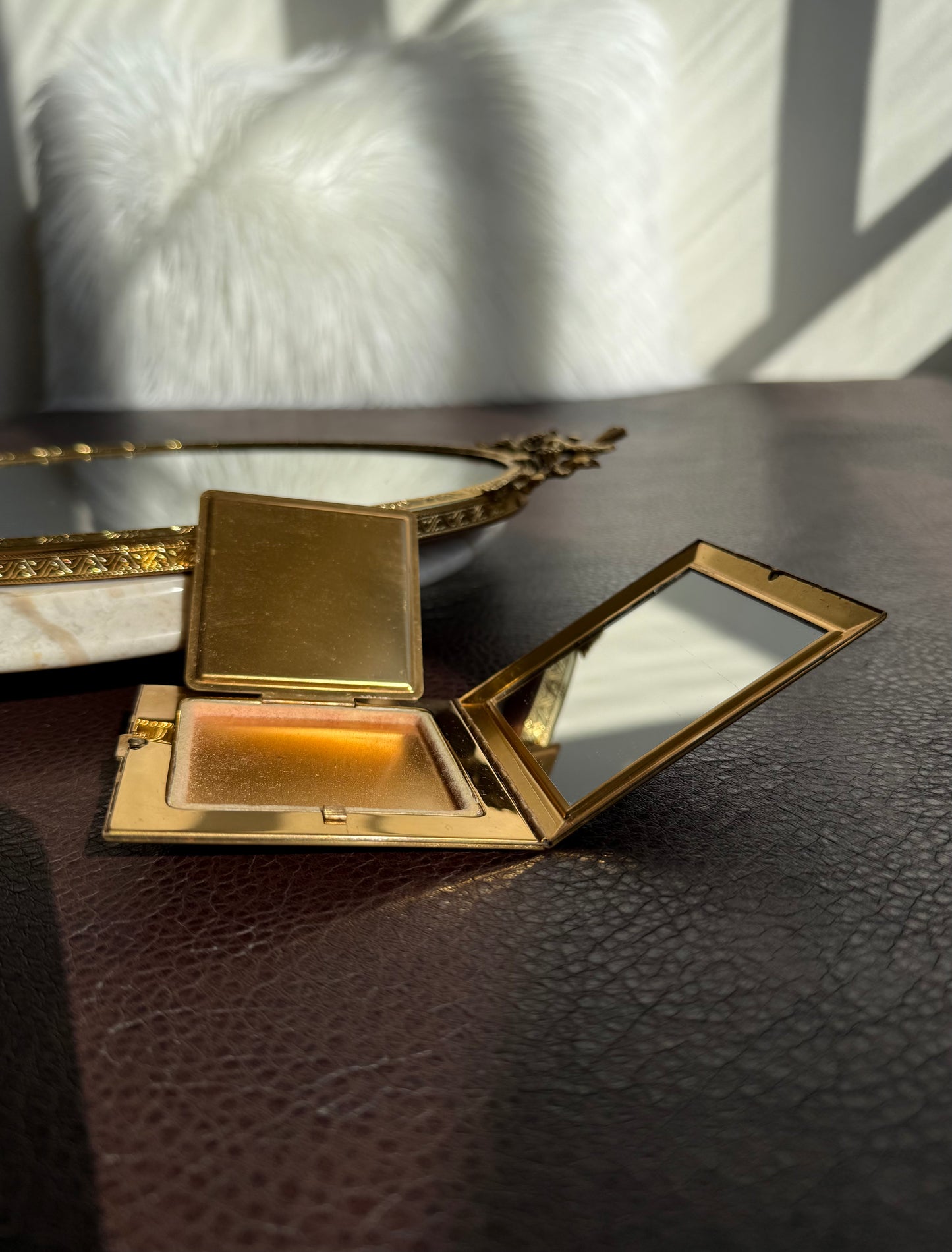 1940s Voluptè Brass Cameo Lady Vintage Makeup Powder Compact Mirror with Hearts and Gemstones Decoration - Made in USA
