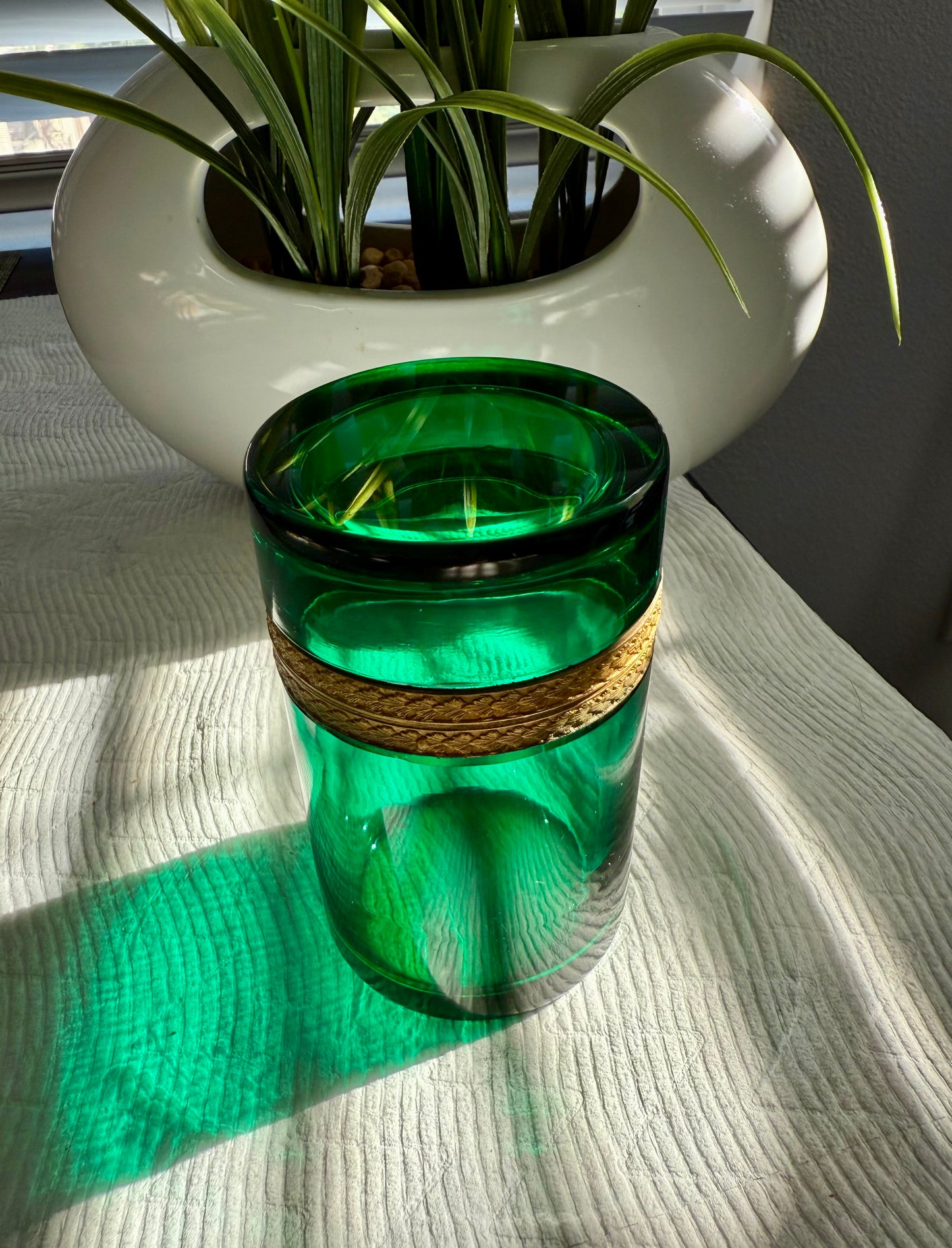 Antique Emerald Green Italian Murano Glass Cylindrical Jewelry or Trinket Box with Bronze Dore Gold Brass Mounts