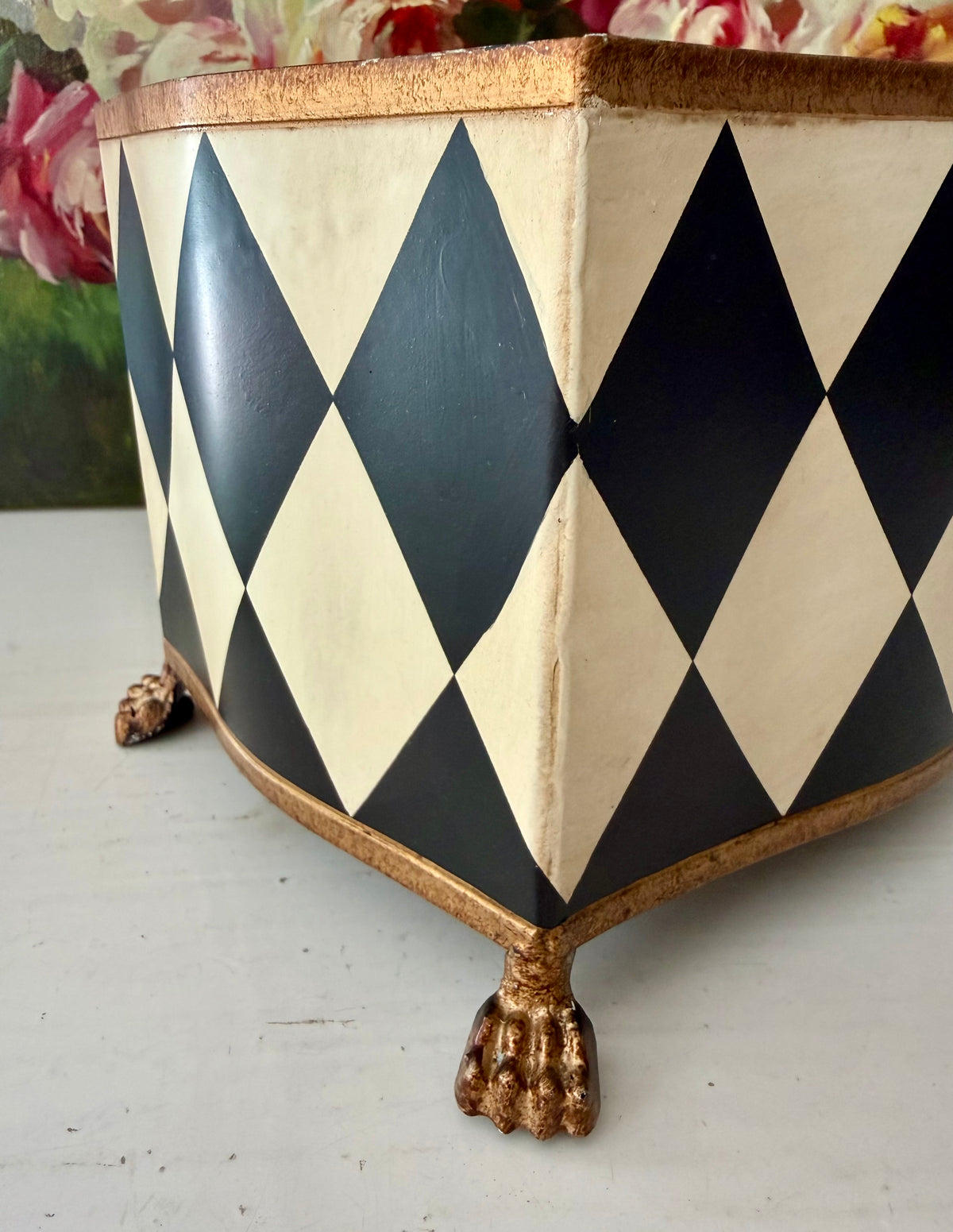 Vintage Hand-painted Metal Flower Pot/Planter with a Harlequin Pattern and Claw Feet