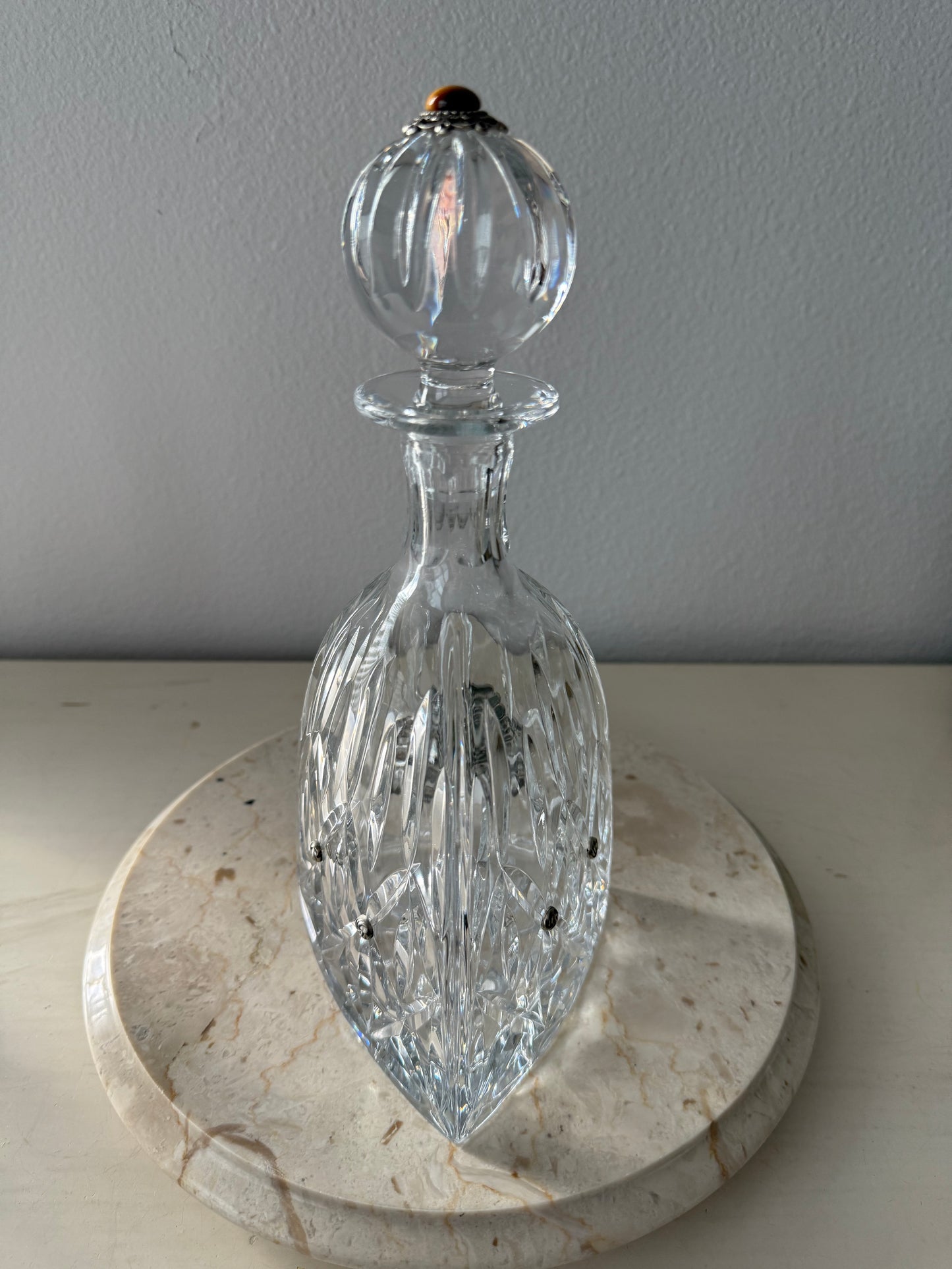 Ann Cichon Dallas Vintage Crystal Decanter with Stopper and Silver Tone Metal Jewels and Stones