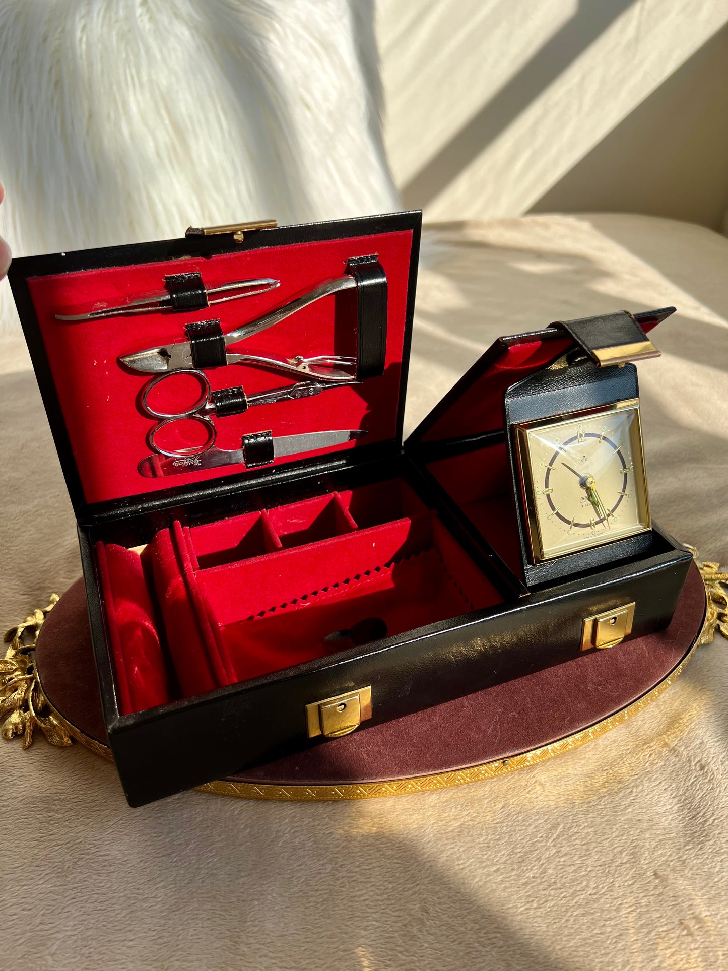 German Vintage Black Leather Griffon Manicure Travel Set & Jewelry Box with Peter Alarm Clock