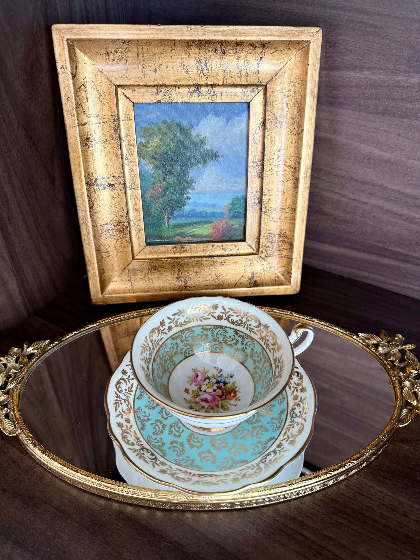 1950s Paragon Fine Bone China Vintage Aqua Green, Gold and Floral Porcelain Tea Cup and Saucer Set, Made in England