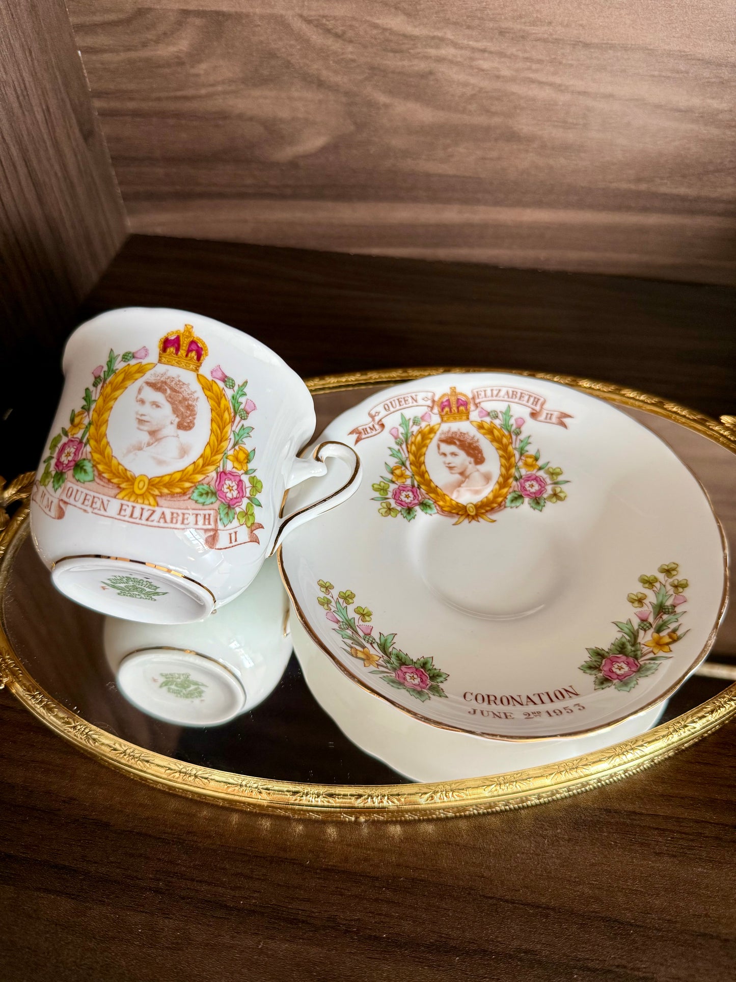 Coronation 1953 H.M. Queen Elizabeth Vintage Tuscan Bone China Roses Tea cup and Saucer, Numbered