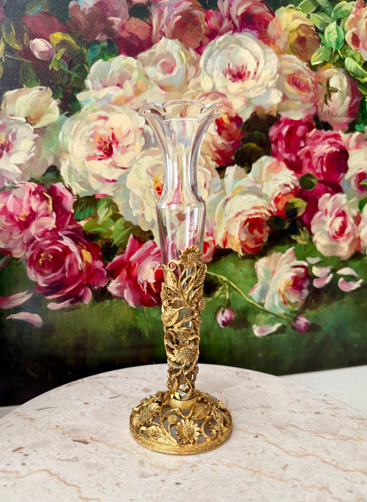 24k Vintage Matson Gold-plated Sunflower Brass Filigree Ormolu with Removable Glass Vase