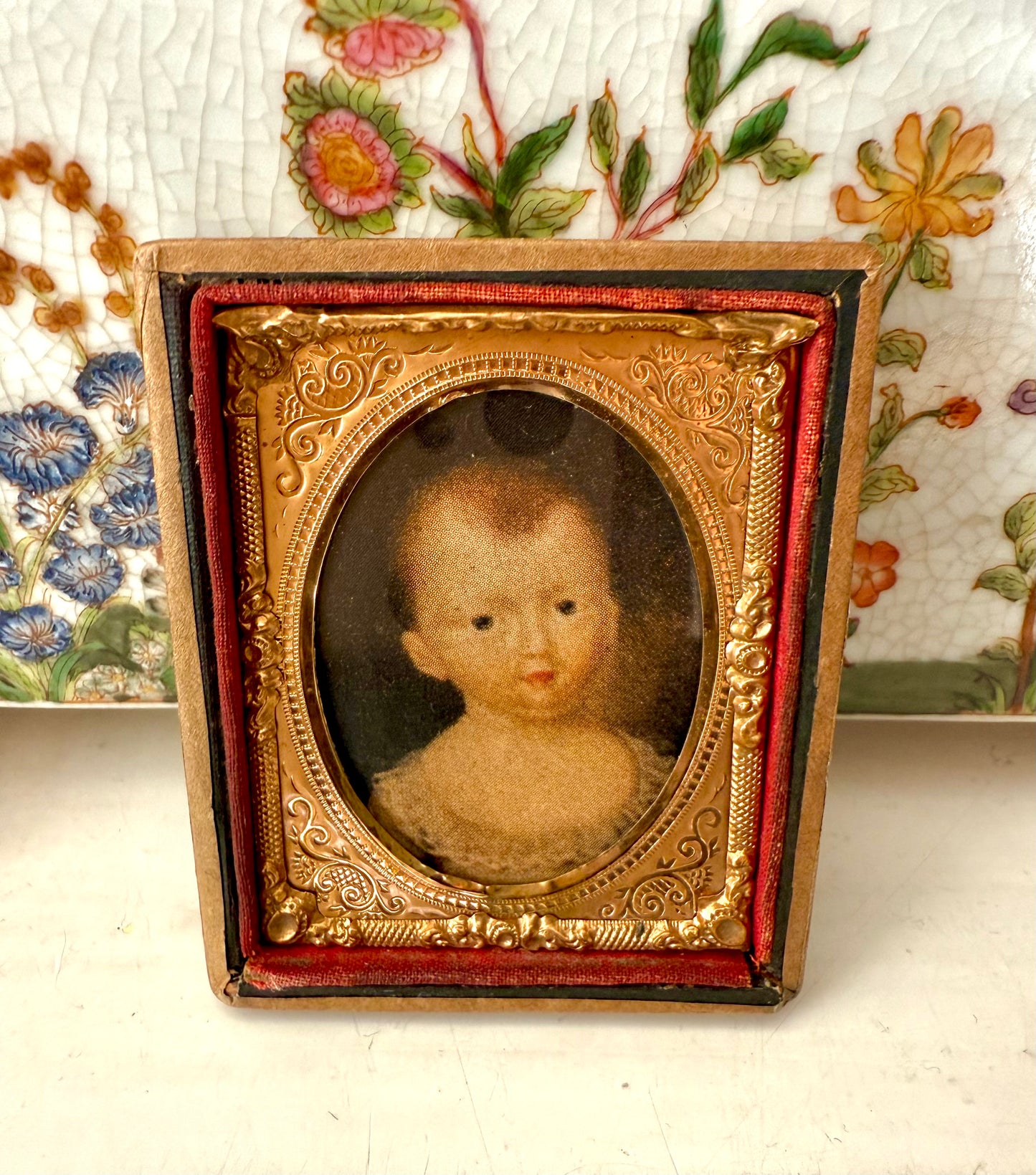 Vintage/ Antique Miniature Golden Wooden Frame with Print Portrait of a Baby