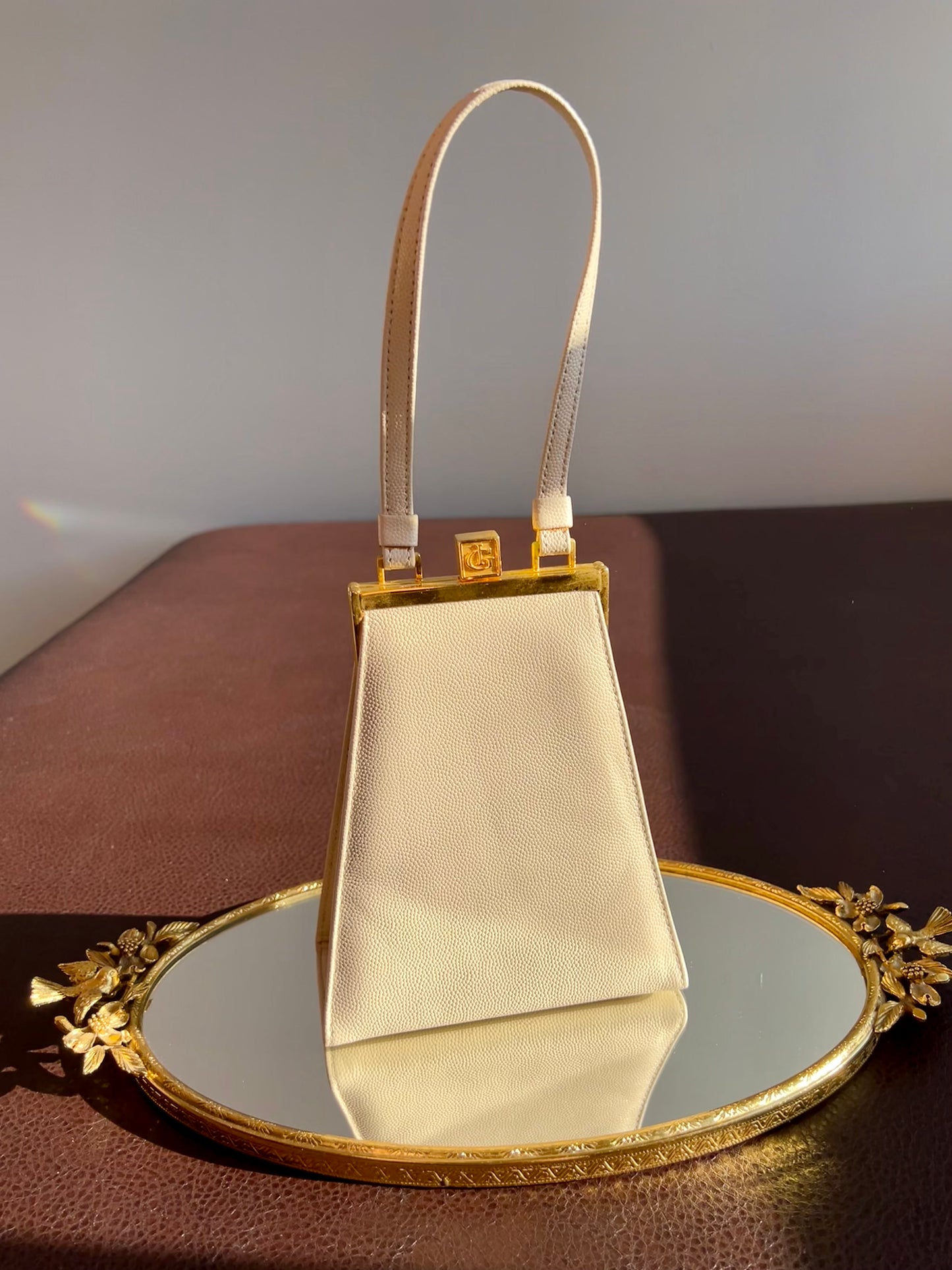 Beige Vintage Elegant Luxury Faux Leather Handbag/ Purse with “IG”Monogram on the Gilded Opening Buckle - Italian Style