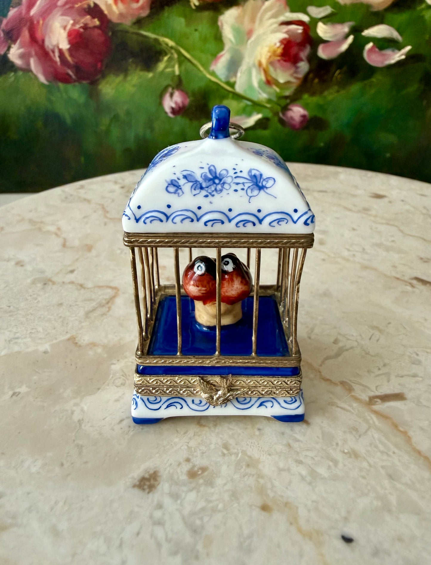 French Limoges Hand-painted Vintage Porcelain Love Birds in Cage Trinket/ Pill or Jewelry Box