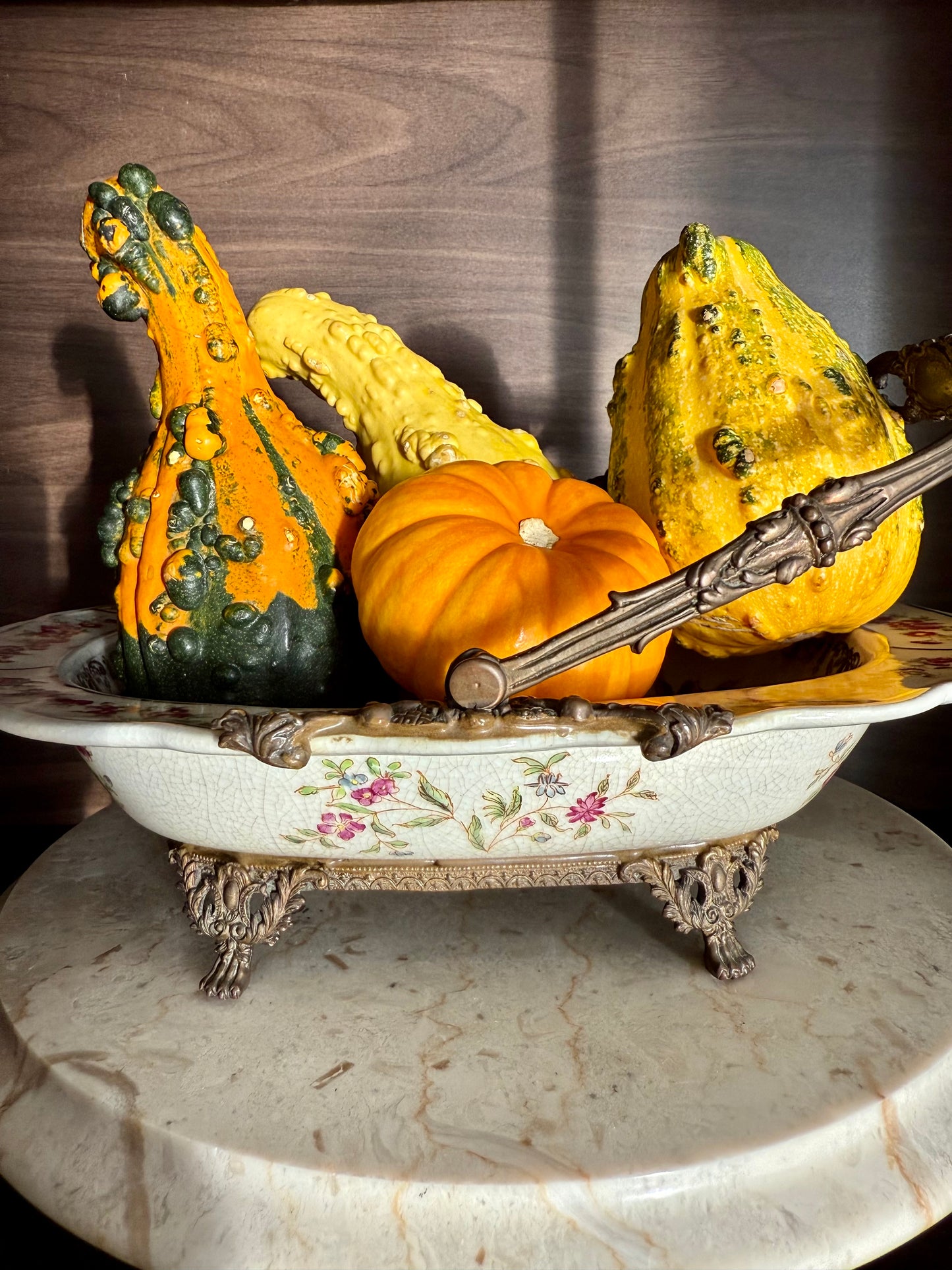 Porcelain Oval Crackle Glazed Vintage Basket Serving Dish with Decorative Bronze Handle, Floral Design and four Legs