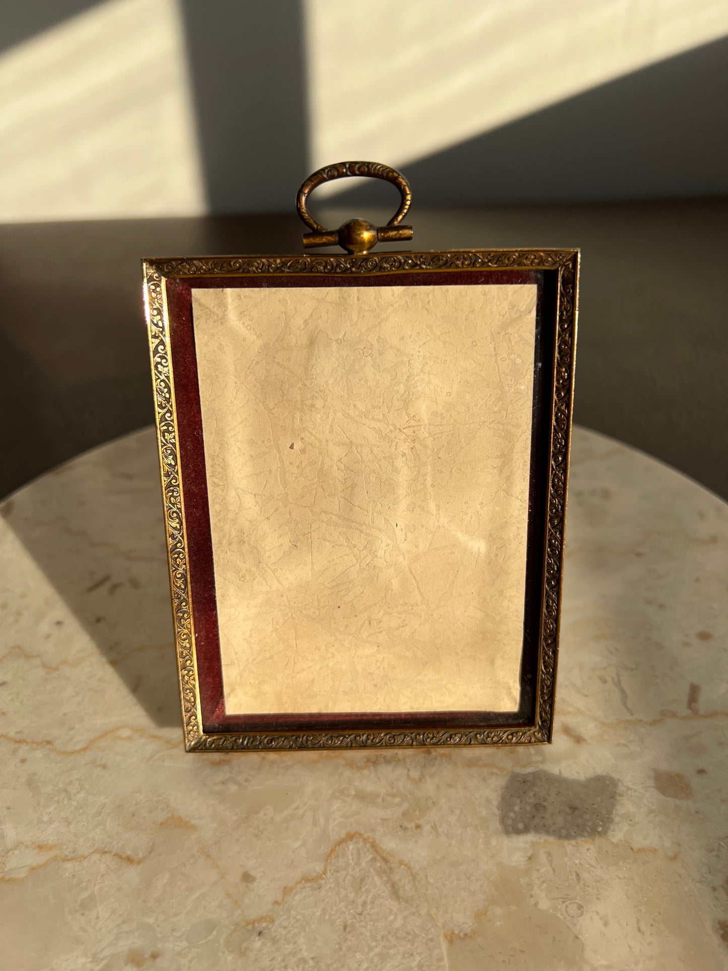 Classic Small Antique Metal Photo Frame with Art Nouveau Easel and Plush Velvet