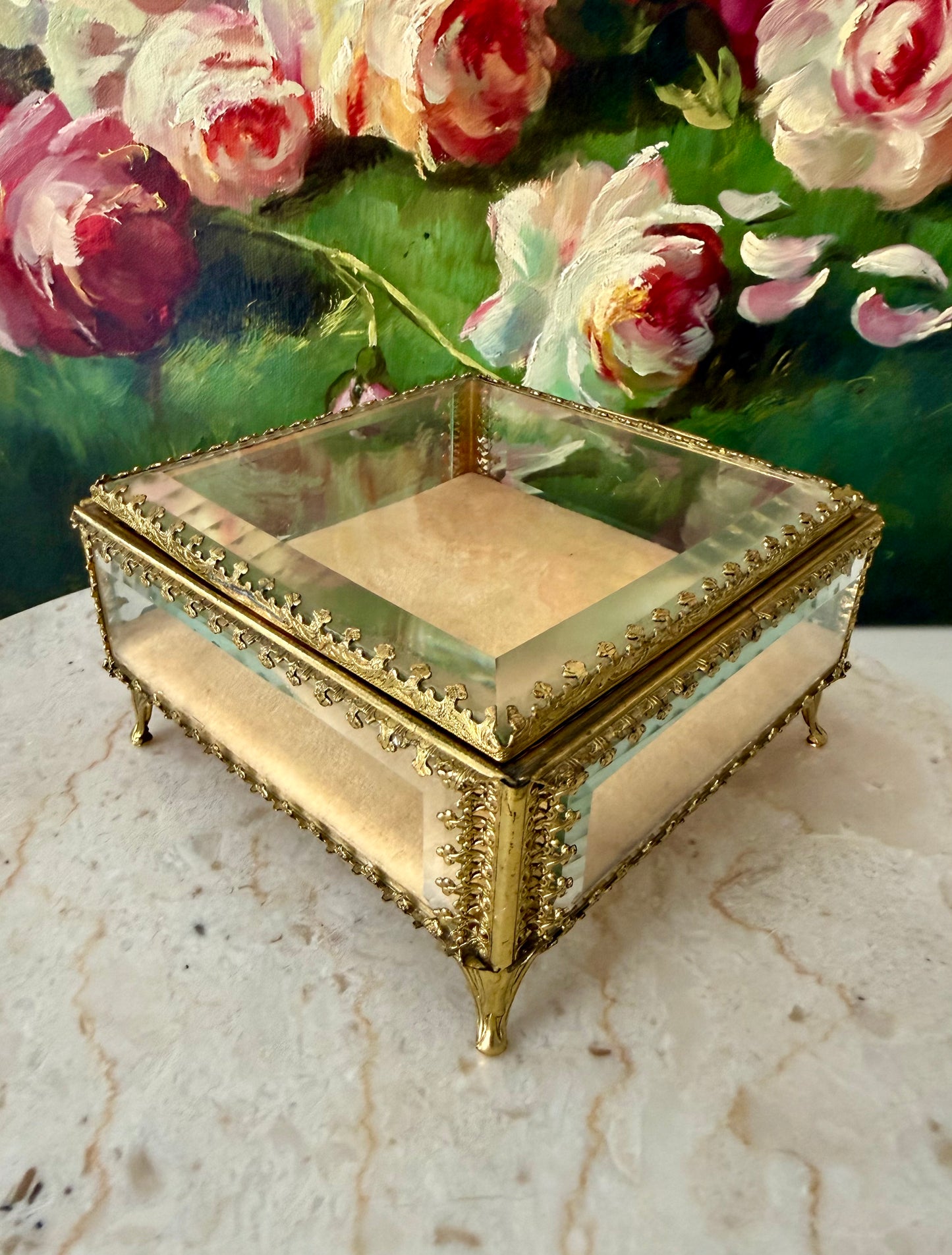 French Style Beveled Glass Vintage Brass Footed Jewelry Casket or Trinket Box from the 1950s