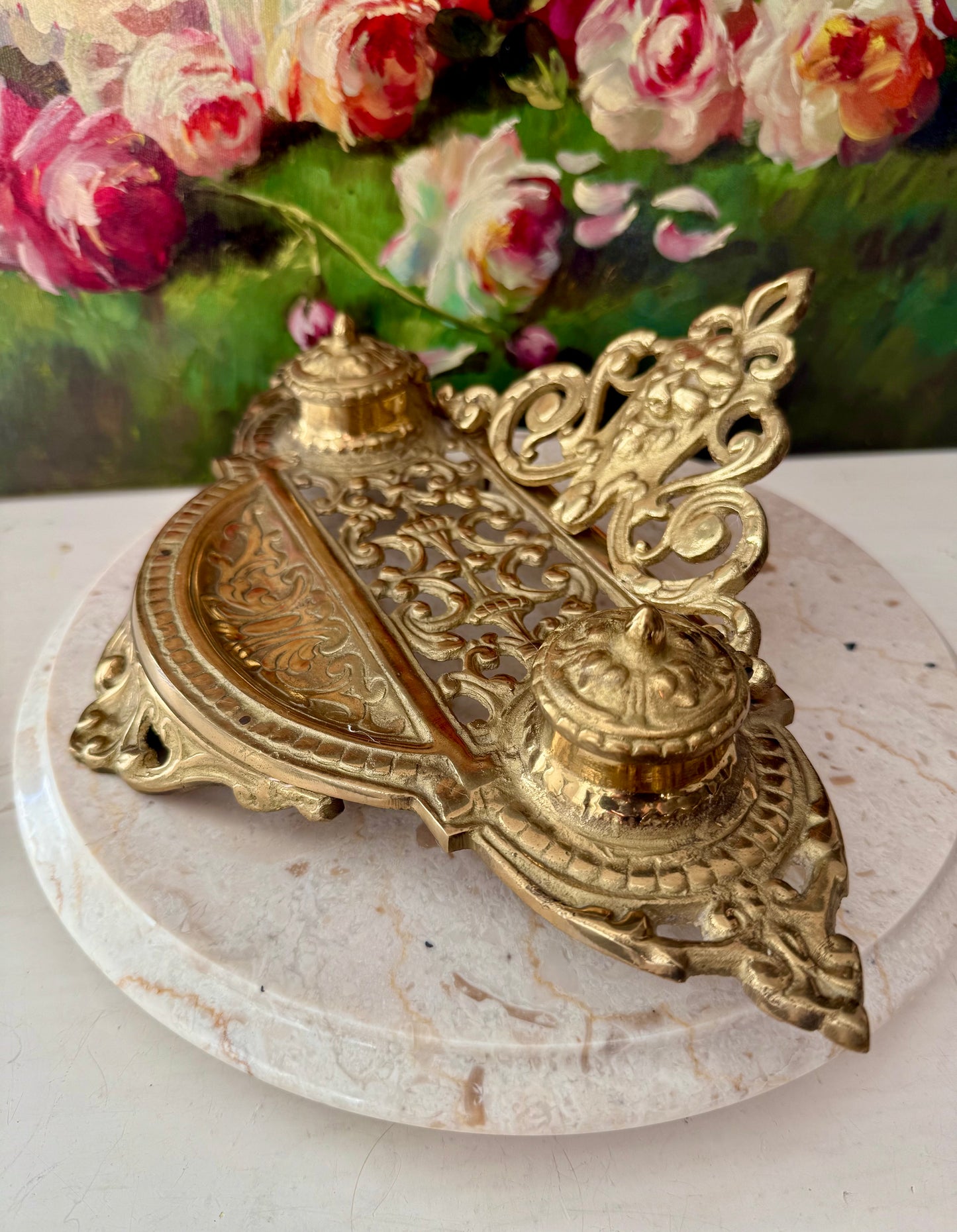 Andrea by Sadek Vintage Large Ornate Double Brass Inkwell, Made in Japan