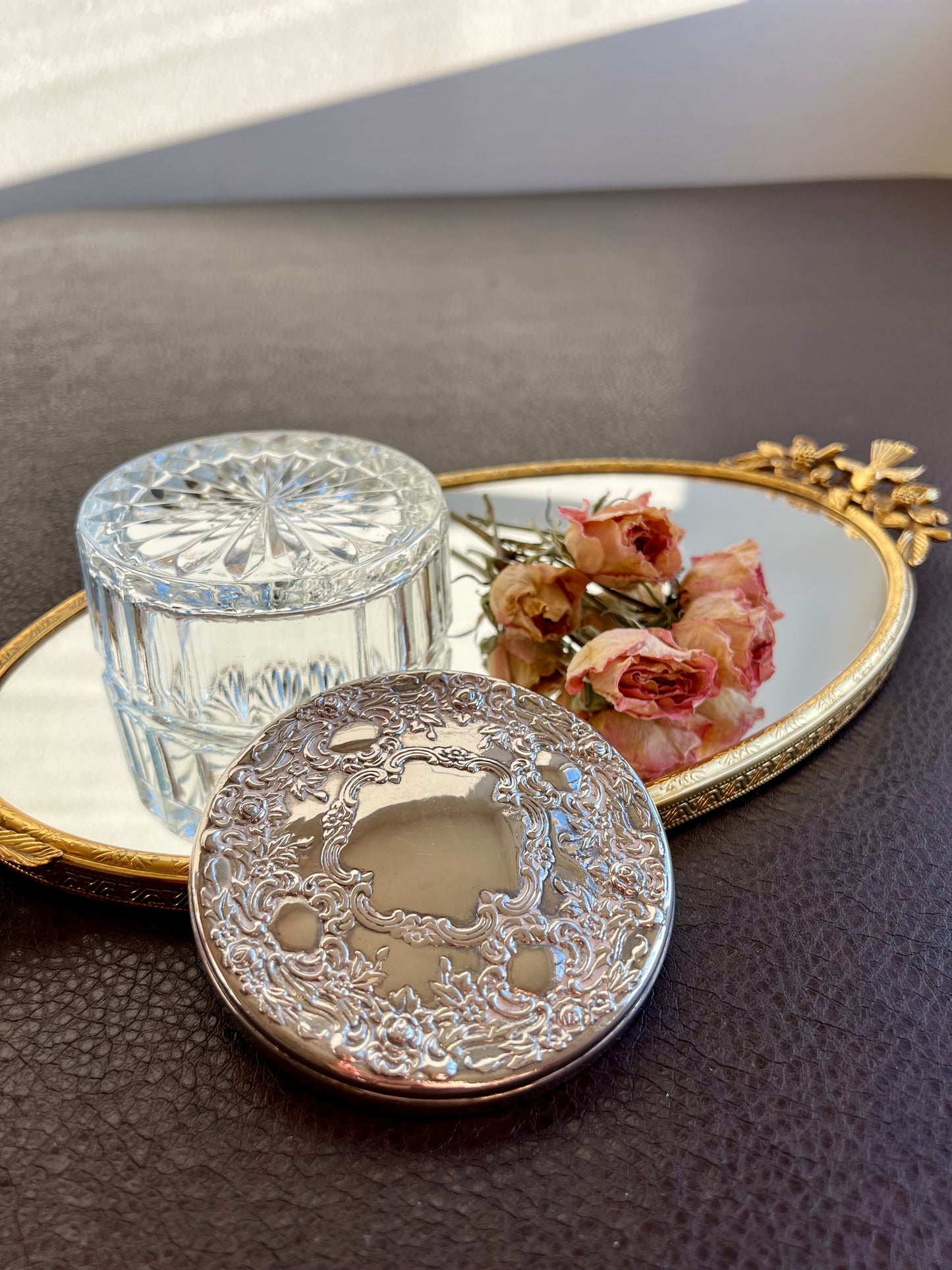 Vintage GODINGER Glass Powder Jar Ornate with Heavy Silver-plated Lid on the Top & Mirror