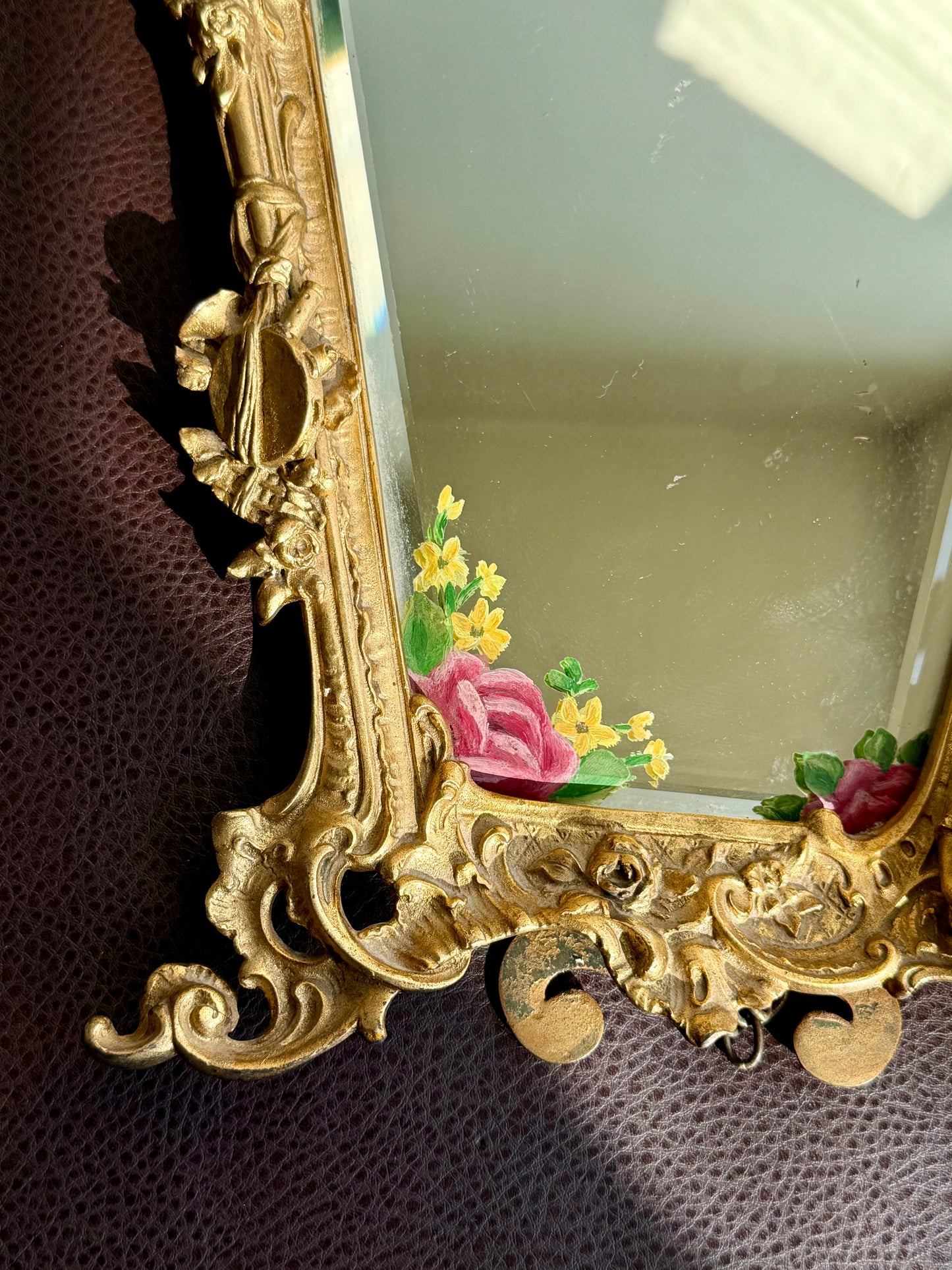 Antique Italian Rococo-Style Table Mirror with Gilded Frame, Featuring Putti (cherubs) Decor and Floral Painting
