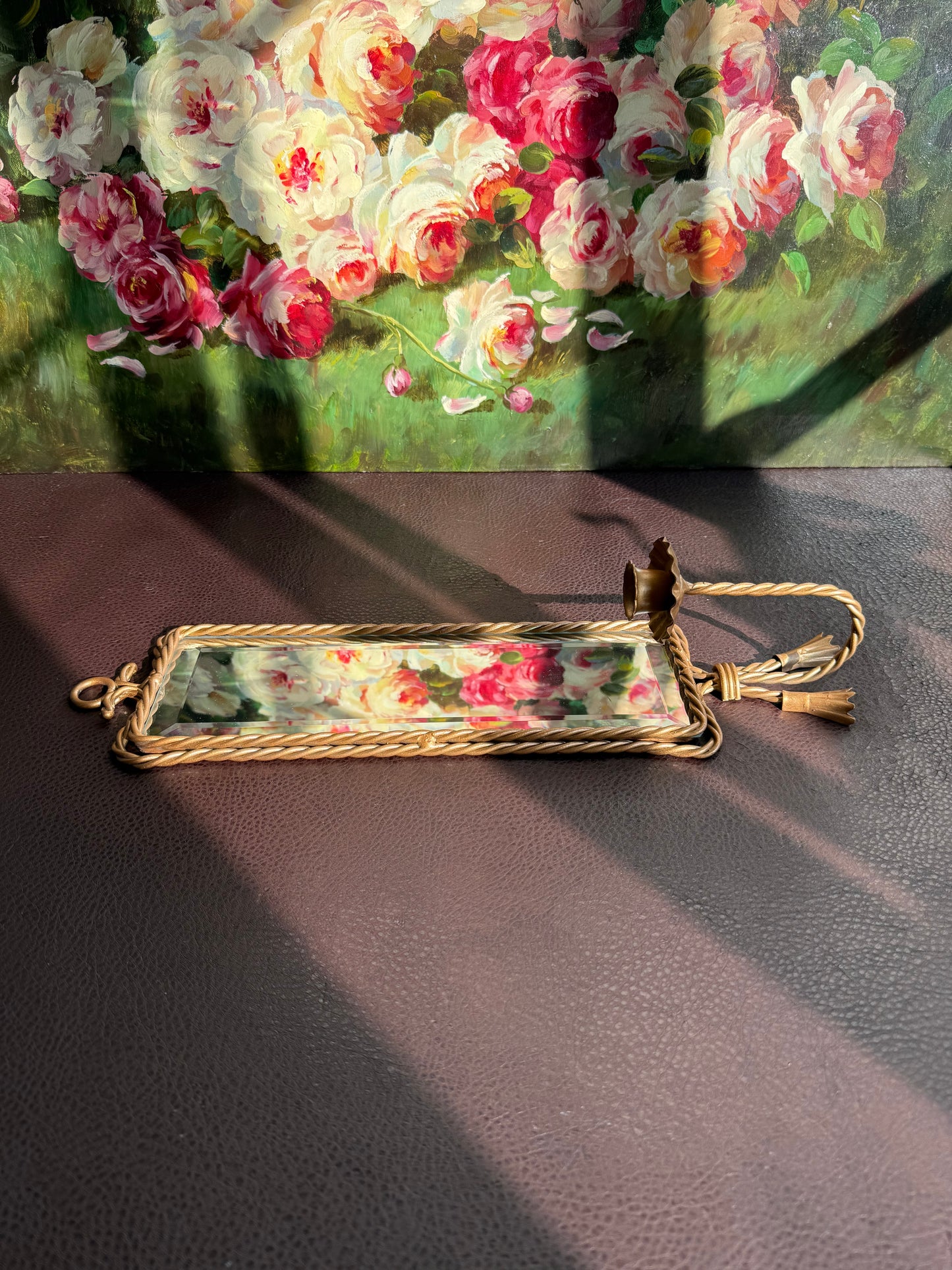 Vintage Square Long Mirror Gold Gilded Metal Frame and Rope Decoration with Tasseled Wall Candle Holder, Wall Sconce