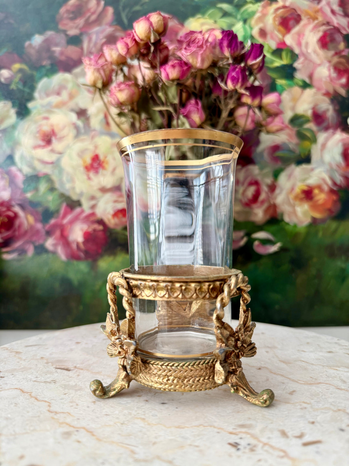 Vintage Hollywood Regency Italian Style Gold-plated Brass Ornate Floral Tumbler Stand with Glass Vase