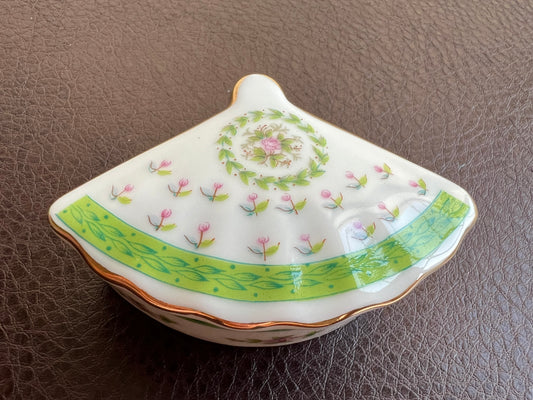 Lefton Fan Shaped Porcelain Trinket Box with Green and Pink Flowers