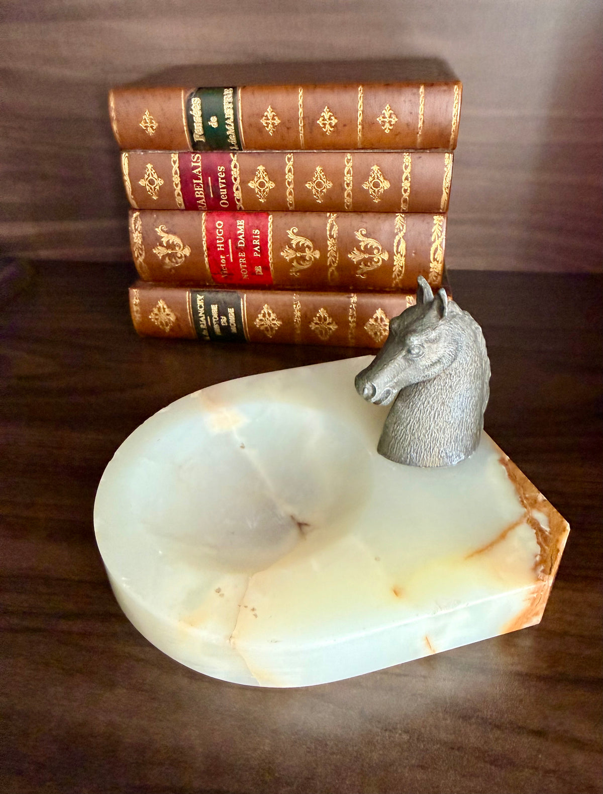Antique Art Deco Style Bronze Horse Head Statue on Marbel or Green Onyx Ashtray