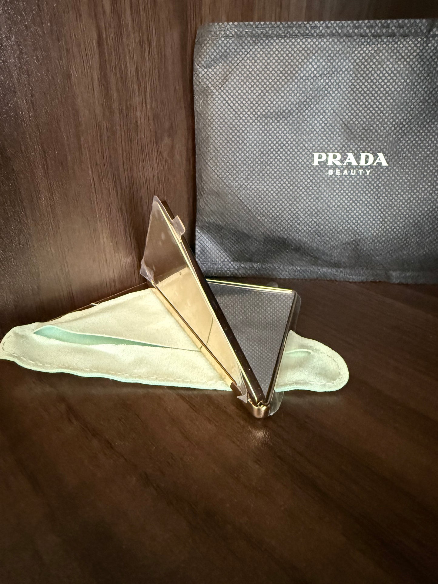 PRADA Beauty Metallic Triangle-shaped Makeup Double Mini Mirror Compact With Pouch Dust Bag - Made in Italy