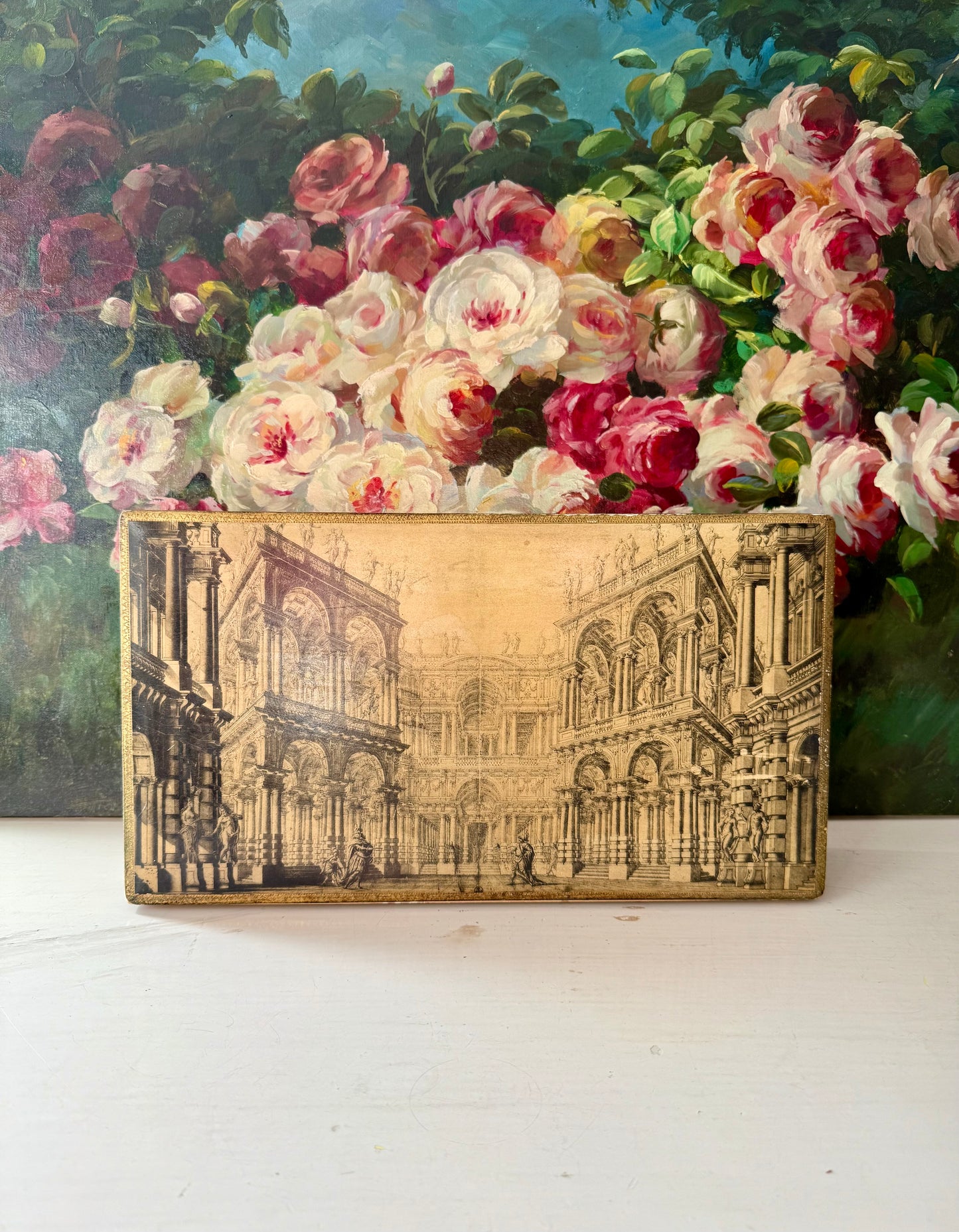 Fratelli Alinari Architectural Gold gilded Large Vintage Wooden Florentine Jewelry Box, Made in Italy