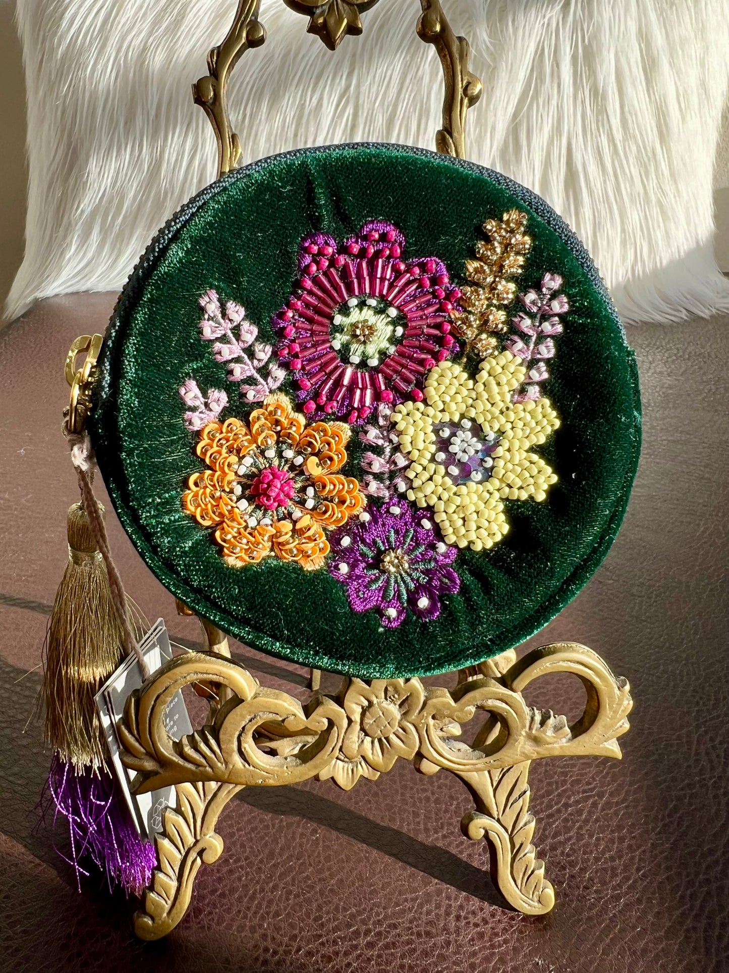 Beaded Round Mini Makeup Case Dark Green Plush Purse/ Bag with Floral Motif Decoration