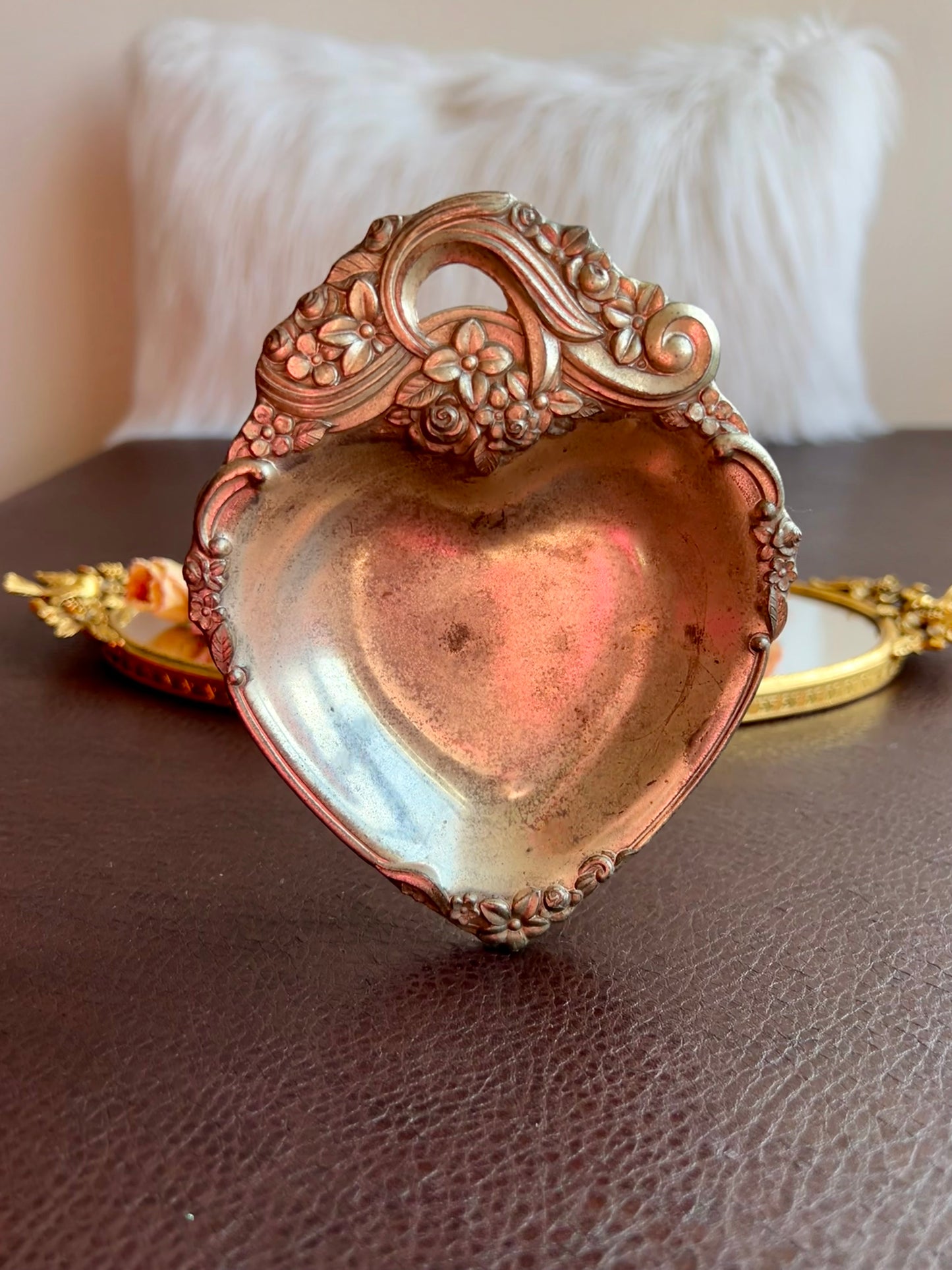 Italian Style Silver Plated Metal Heart Shaped Vintage Change Dish, Bon Bon Dish or Jewelry Holder