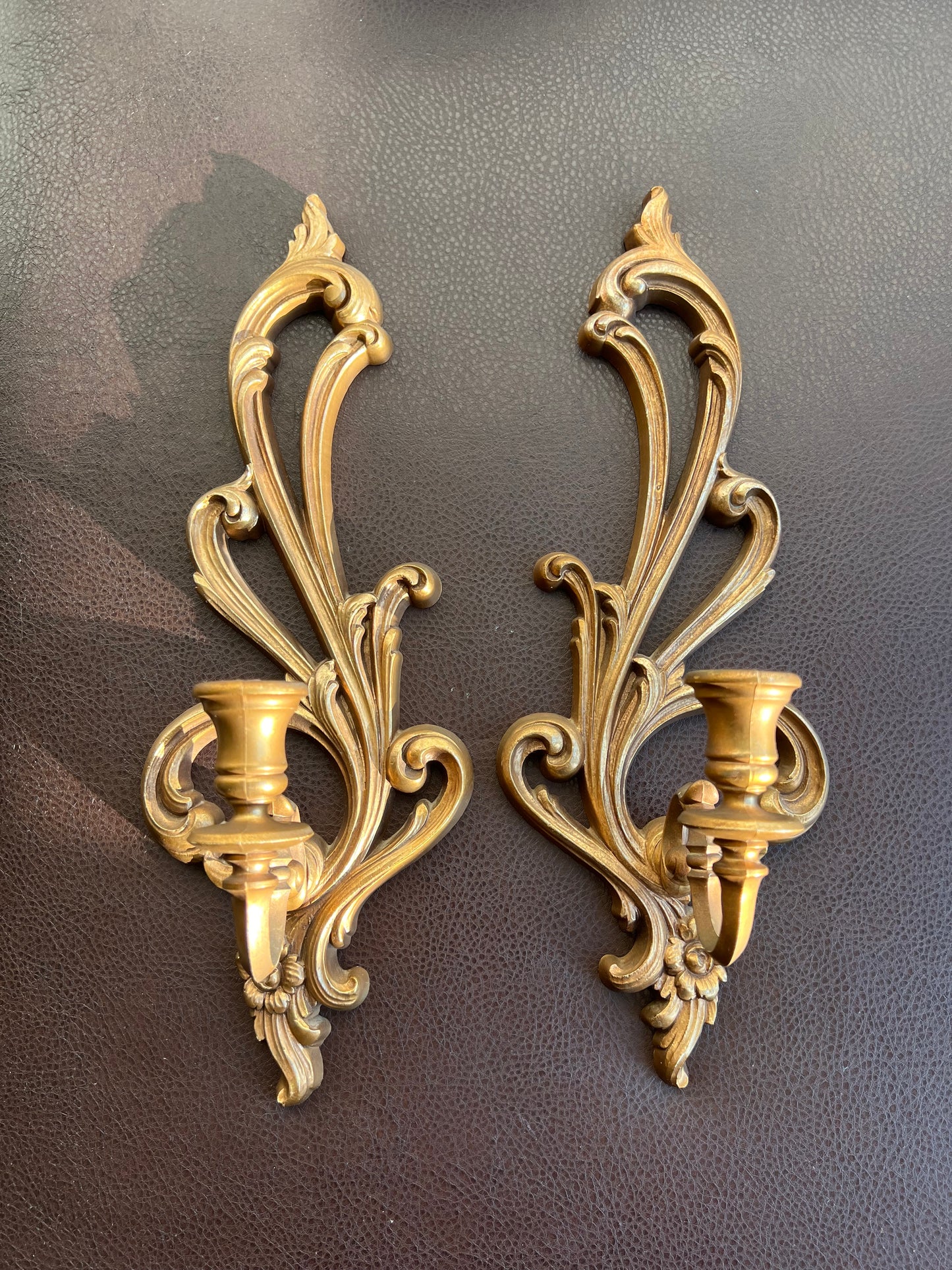 Mid Century Pair of Syroco Wall Ornate Candle Sconces/ Resin Candle Holders, Hollywood Regency