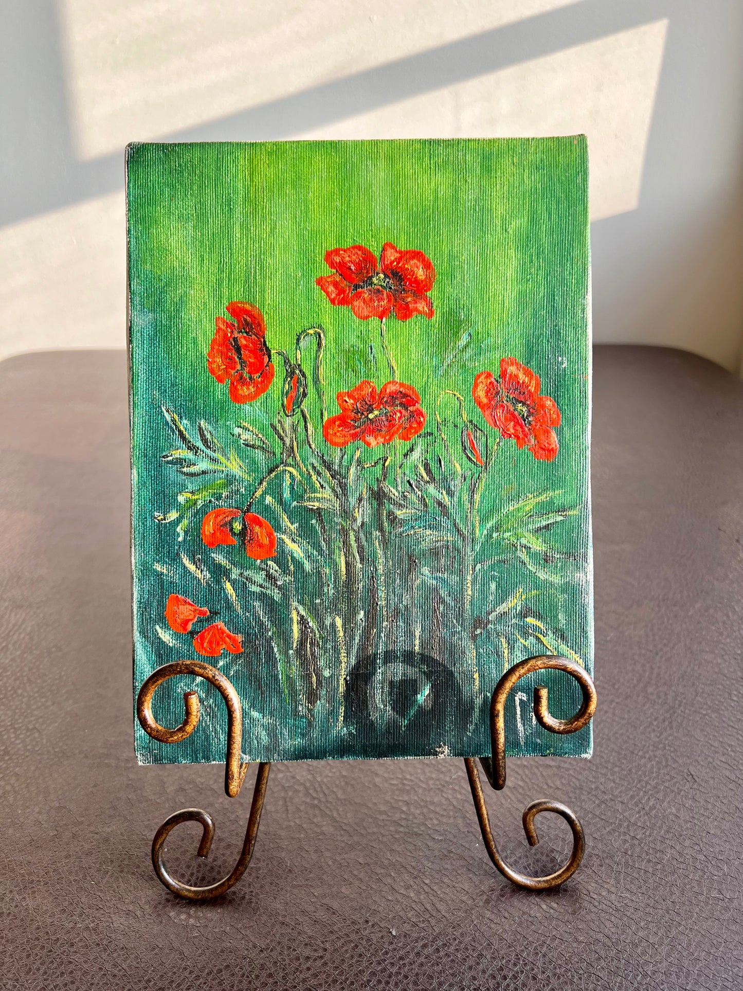 Colorful Field of Poppies Vintage Original Oil Painting on Canvas without Frame, Signed by Artist