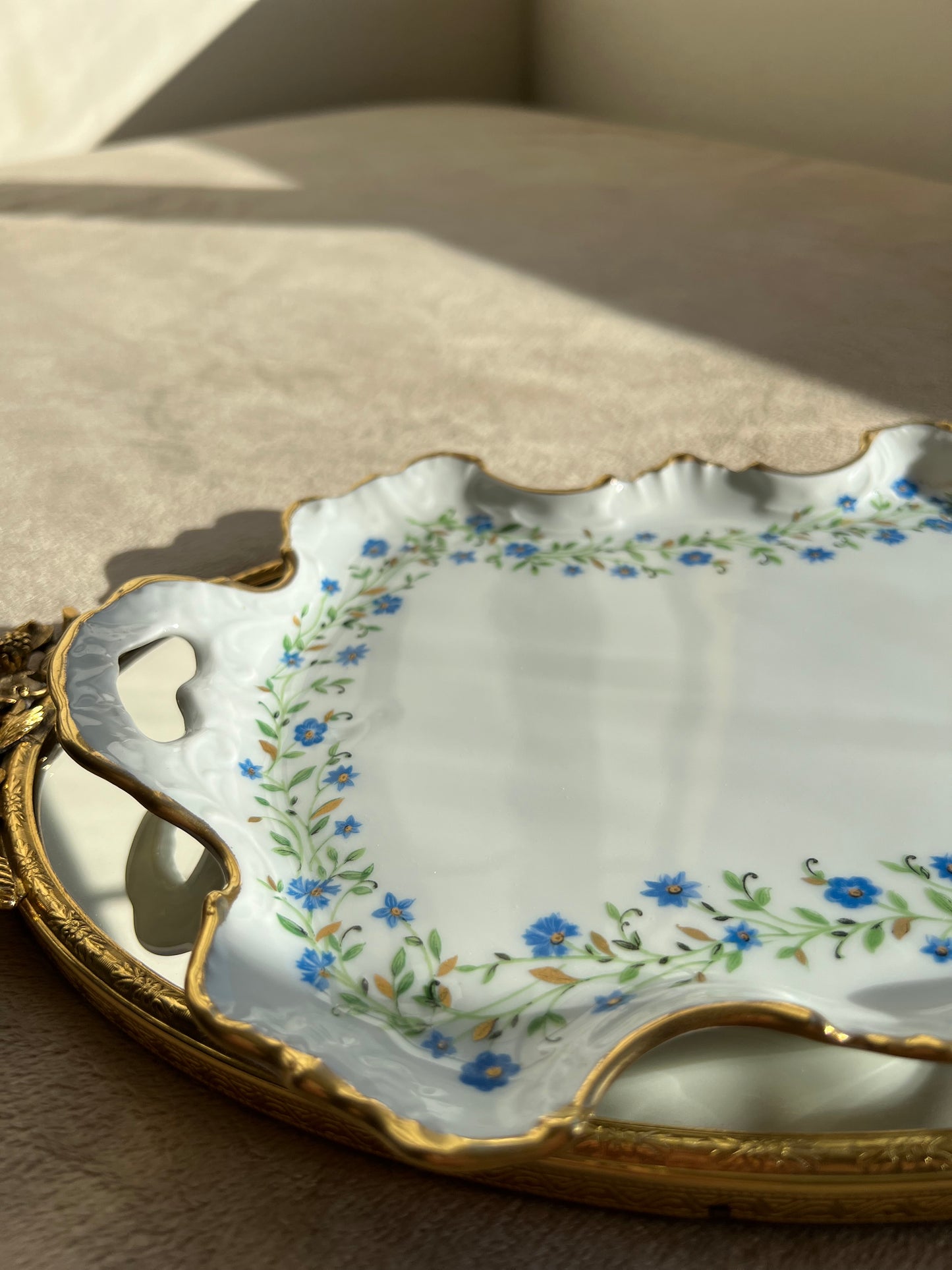 Limoges Vintage Chamart France Blue Floral and Gold Porcelain Tray