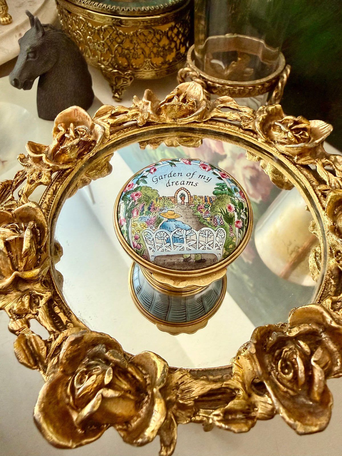 1980s Halcyon Days "GARDEN OF MY DREAMS" Vintage Enamel Trinket Box Bask, Jewelry or Pill Box - Made in England