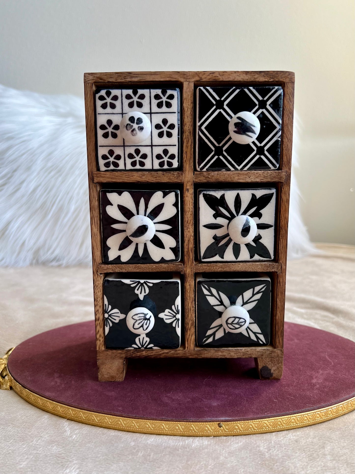 Hand Painted Wooden Chest with Ceramic Drawers and Jewelry Storage