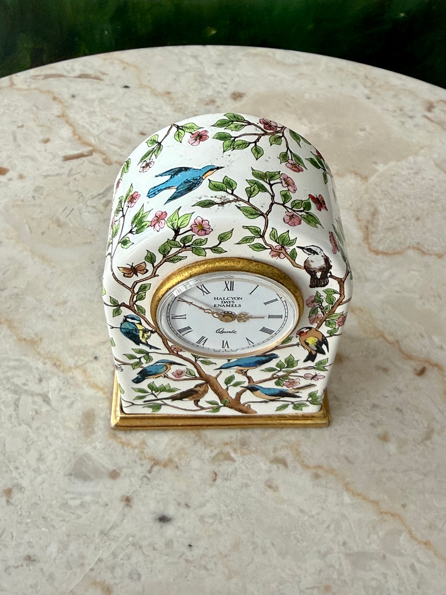 Halcyon Days Vintage Enamel Table Clock with Hand-painted Birds and Flowers Design